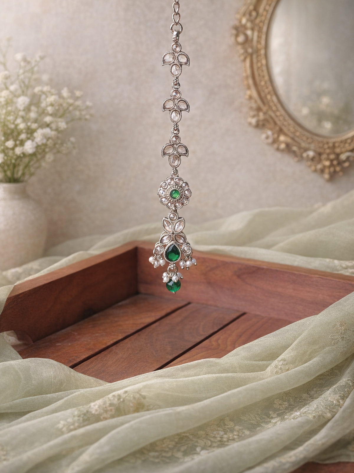 Phool Crystal Maang in Green