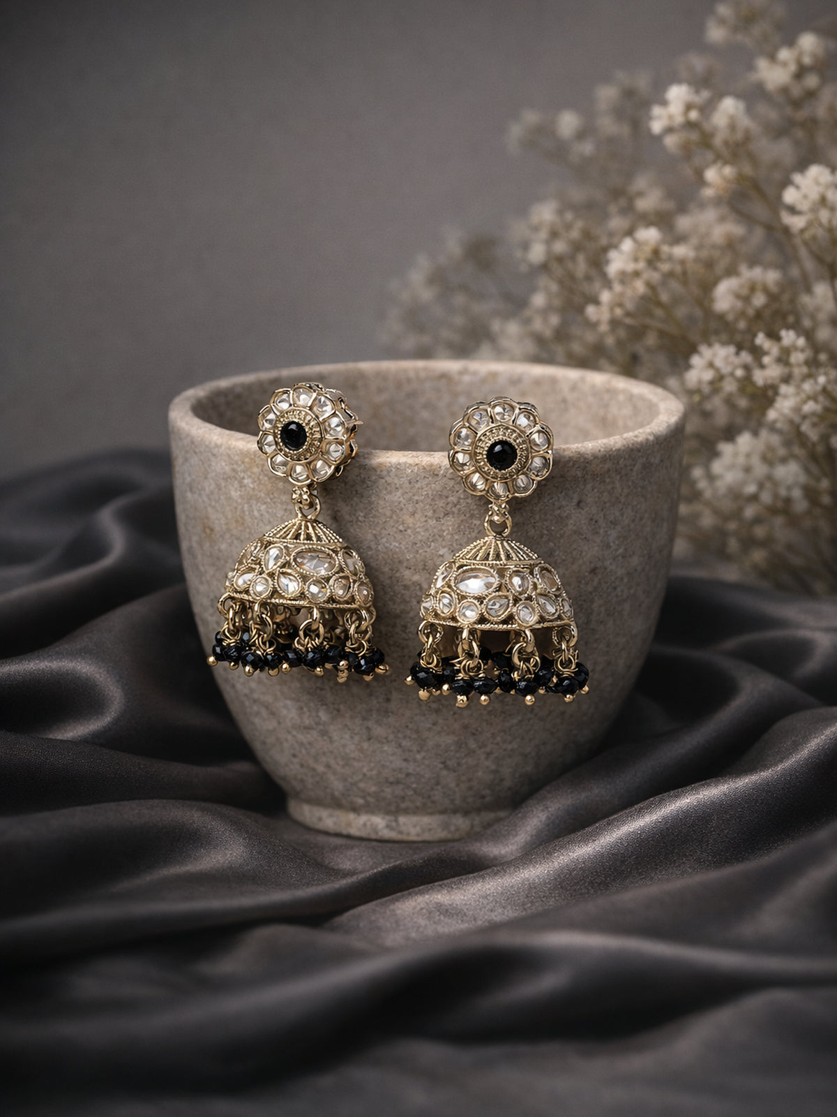 Phool Jhumka Earrings in Black 