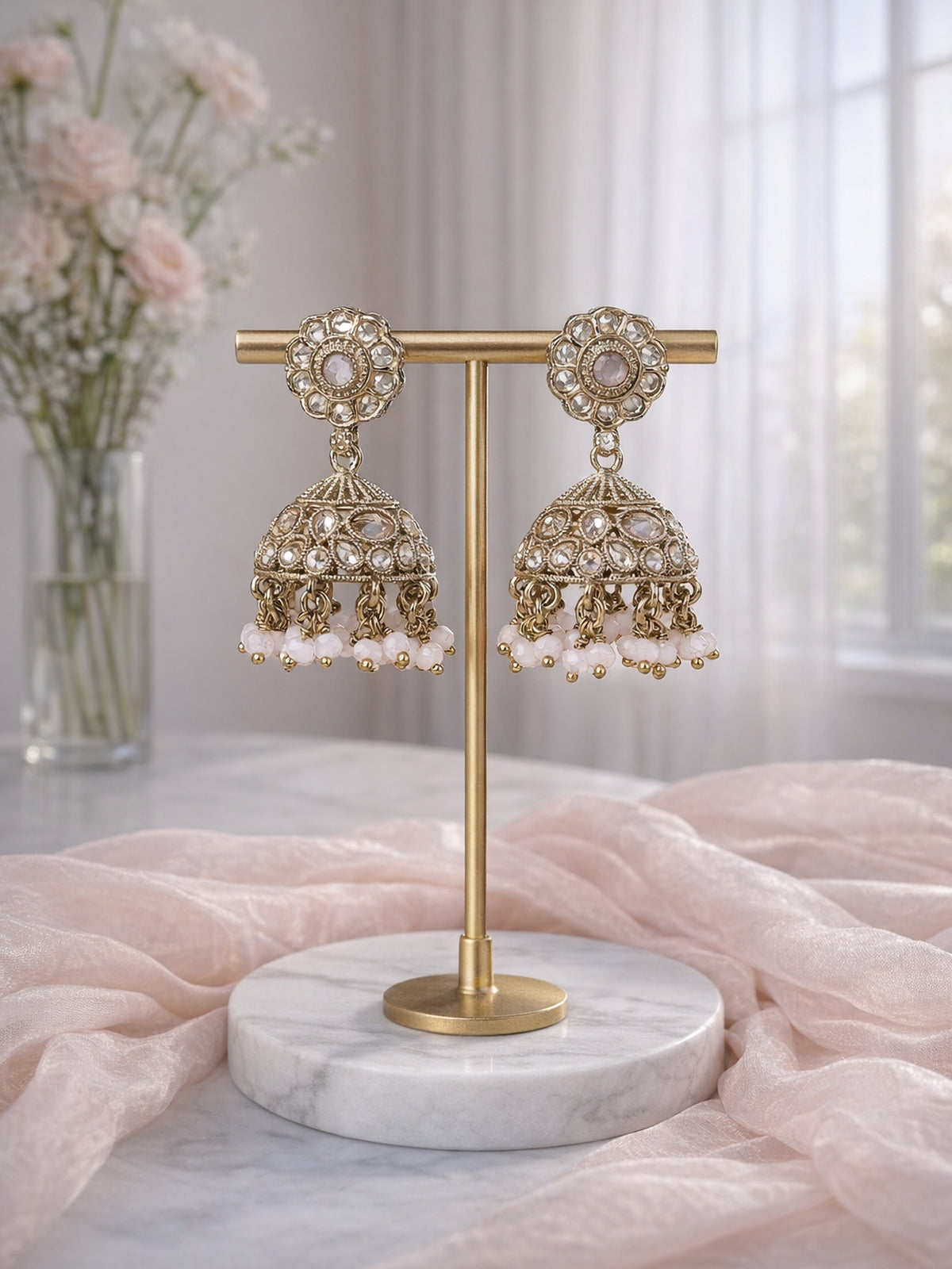 Phool Jhumka Earrings in Light Pink 