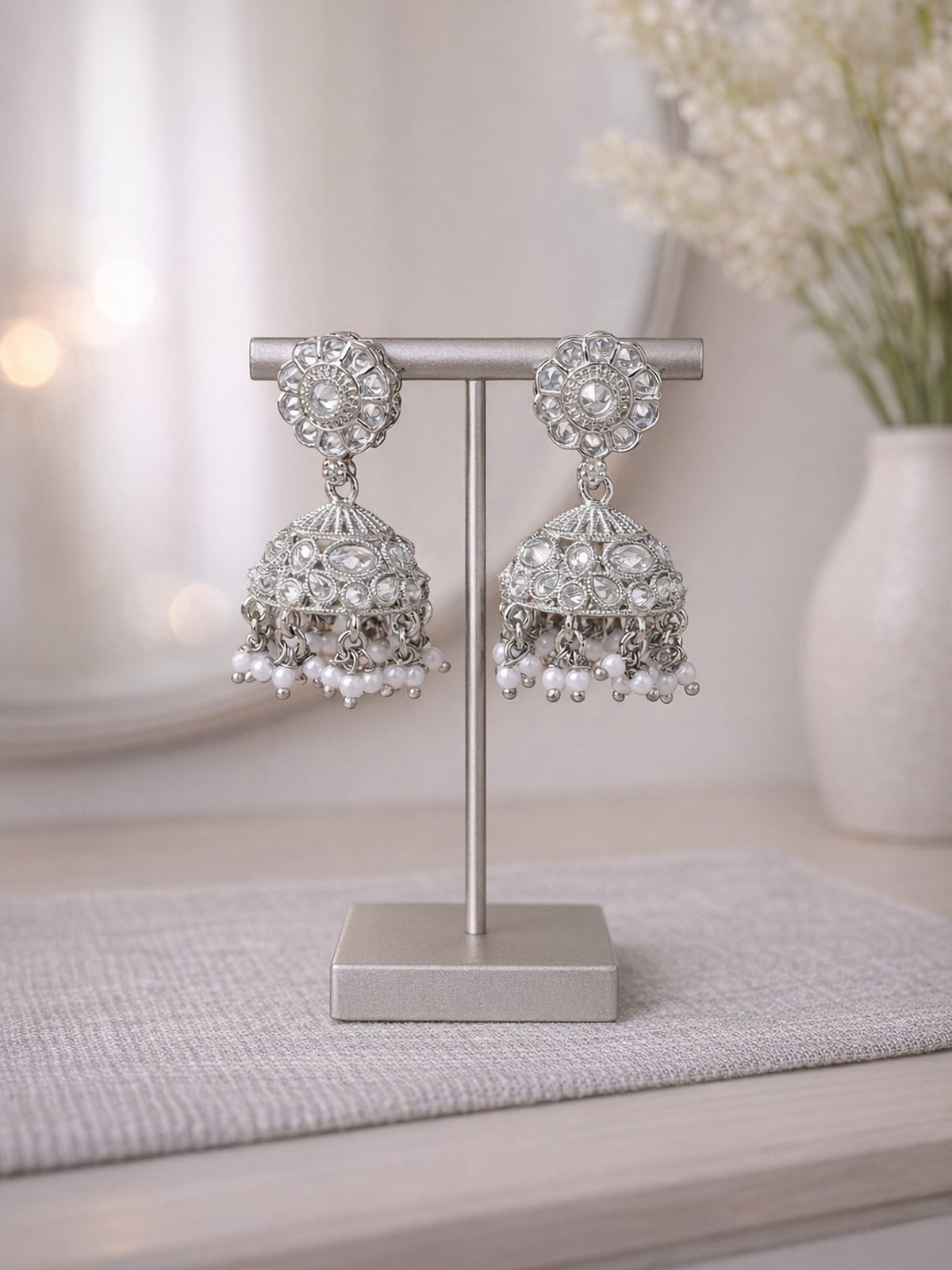 Phool Jhumka Earrings in Rhodium 