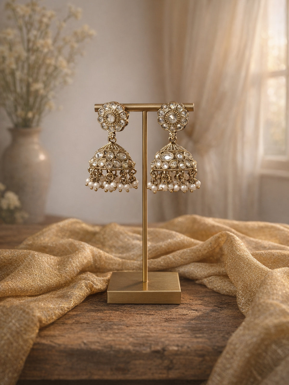 Phool Jhumka Earrings in White 