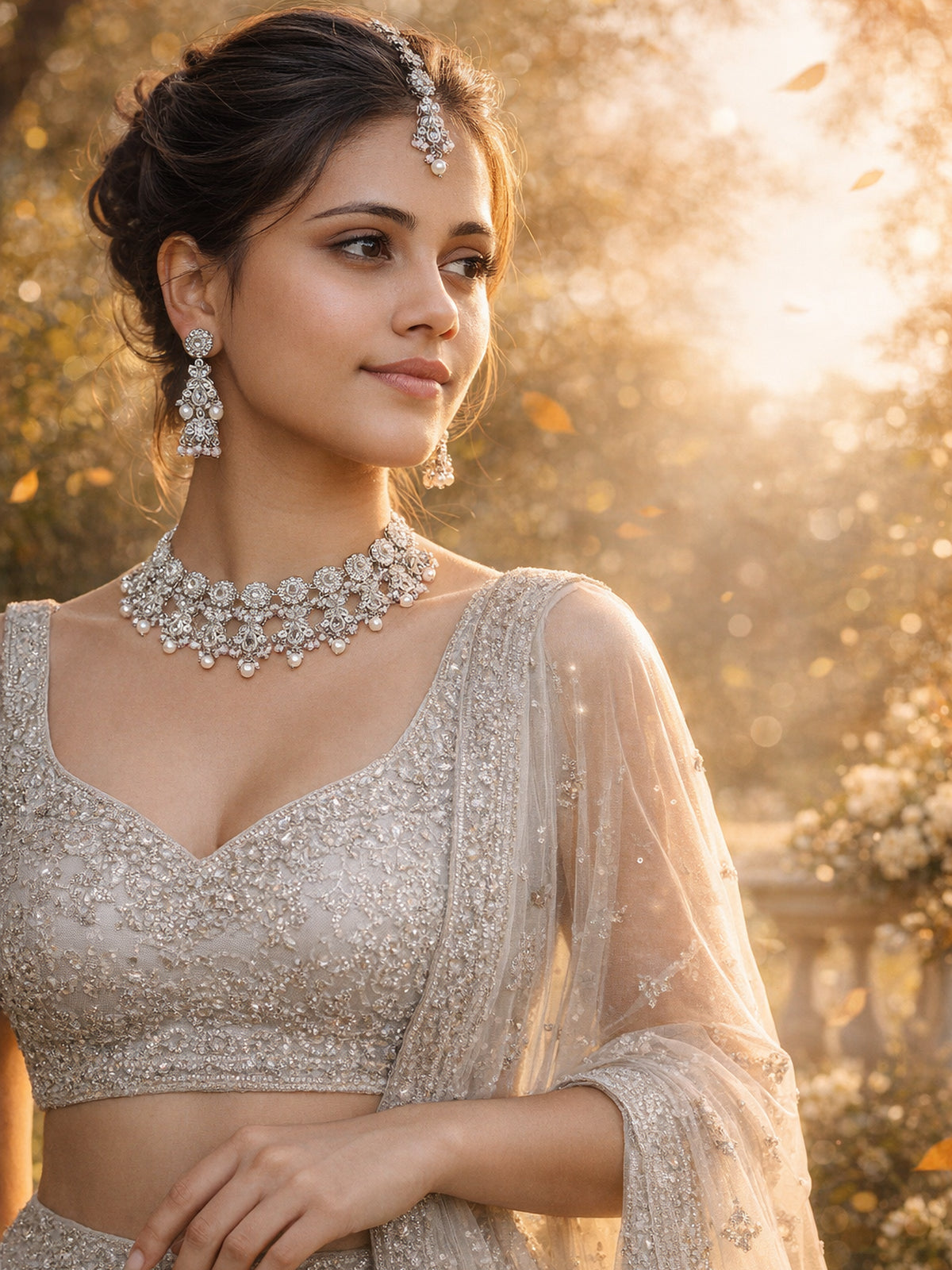 Phool Necklace Set in Rhodium