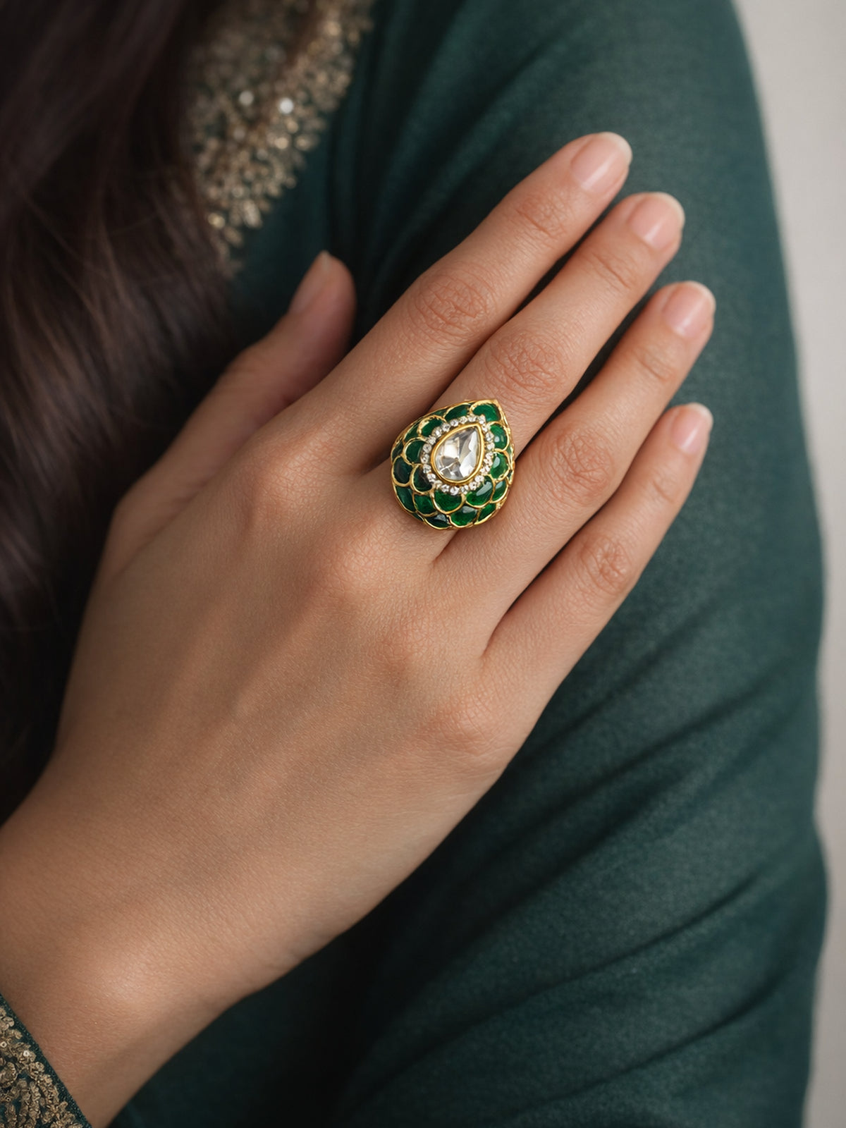 Pranvi Kundan Ring in Green 