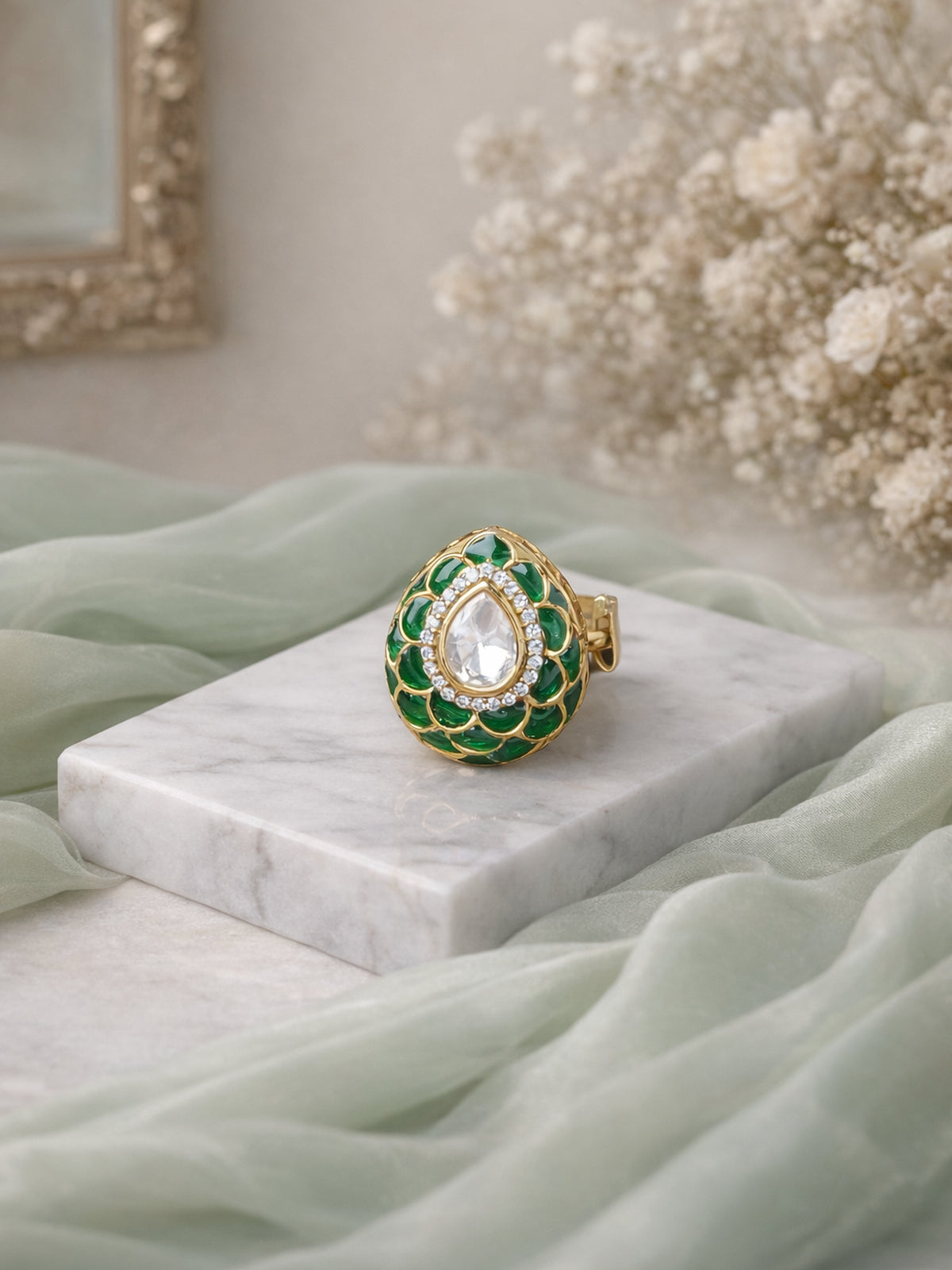 Pranvi Kundan Ring in Green 
