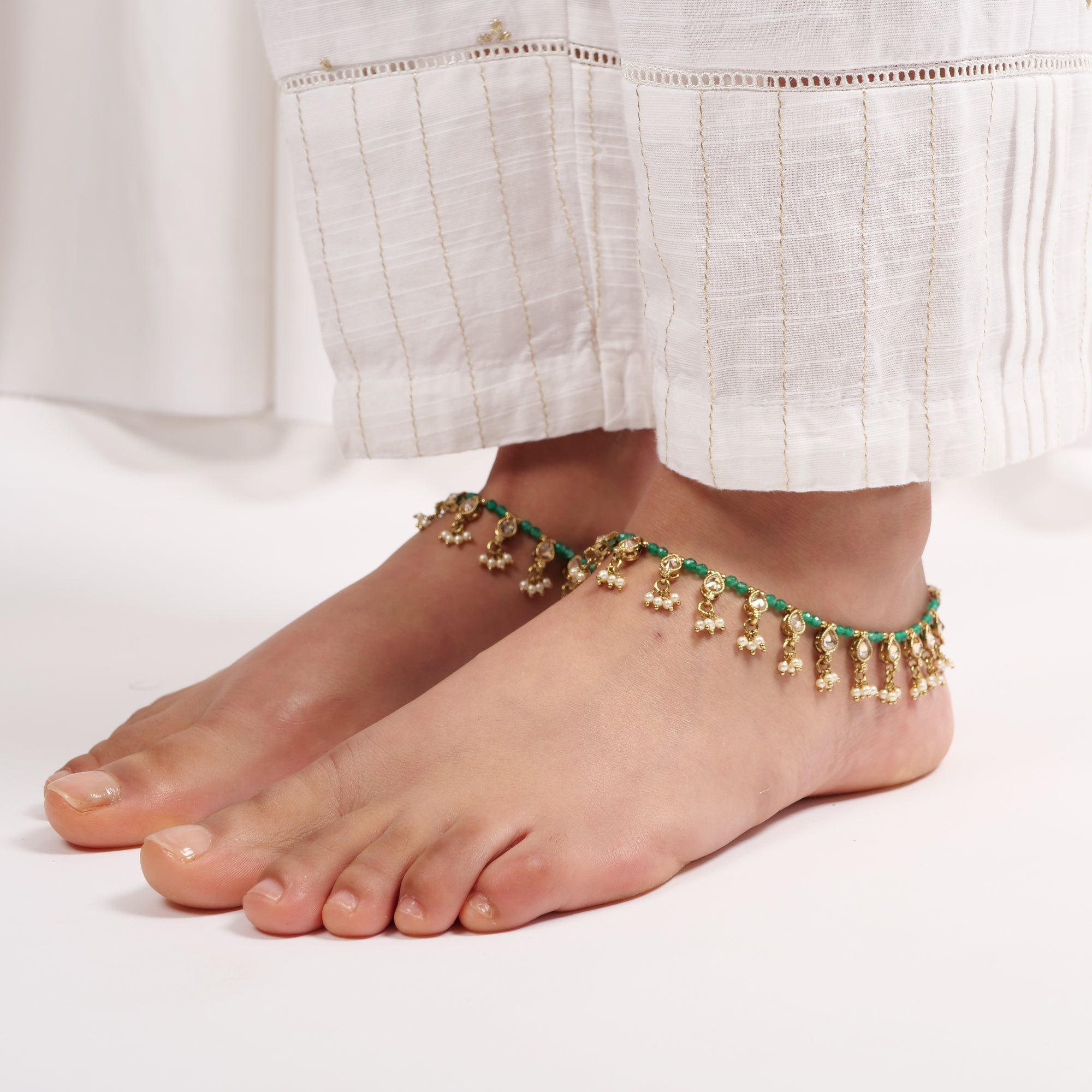 Pearl and Green Bead Crystal Anklet