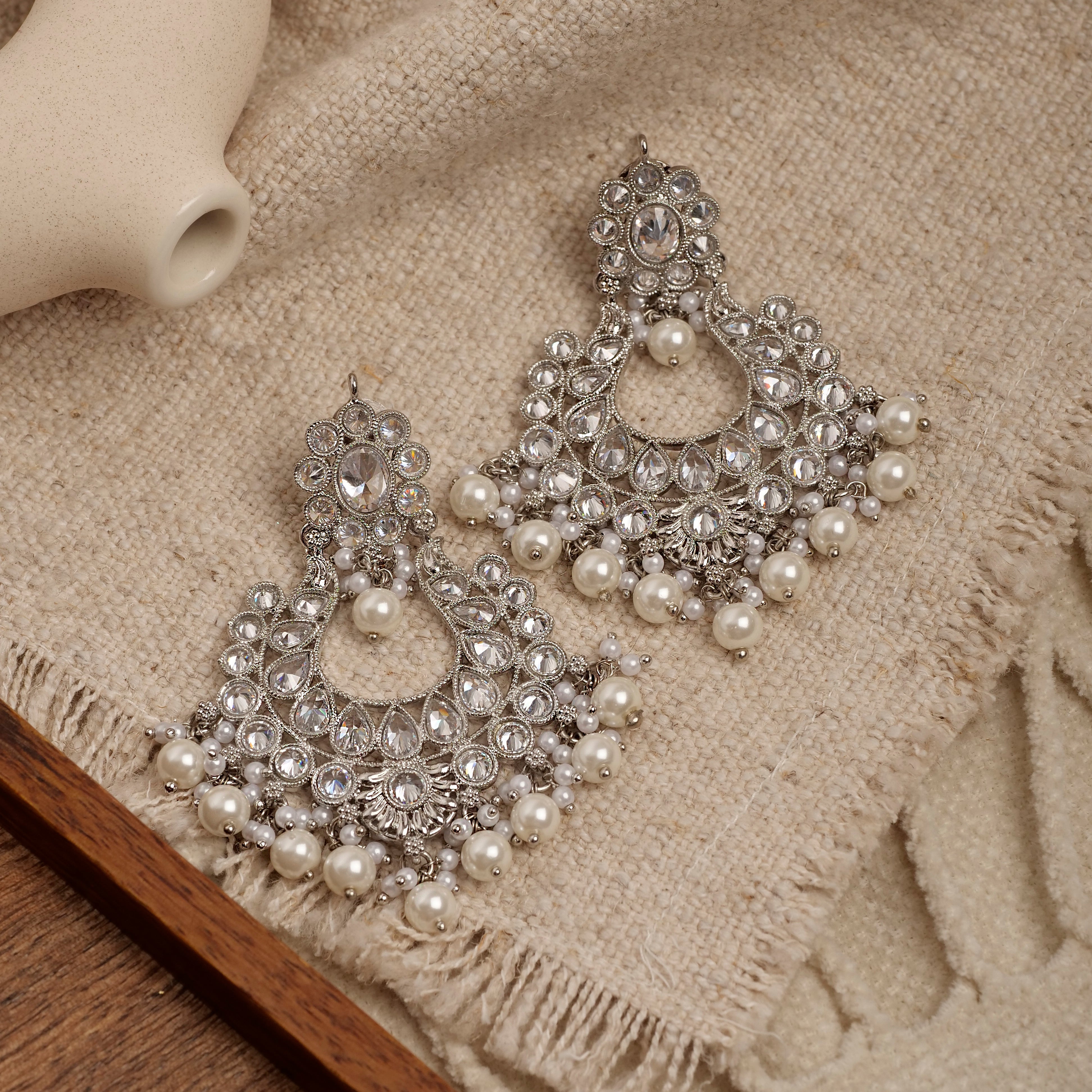 Eva Chandbali Earrings in Pearl and Rhodium
