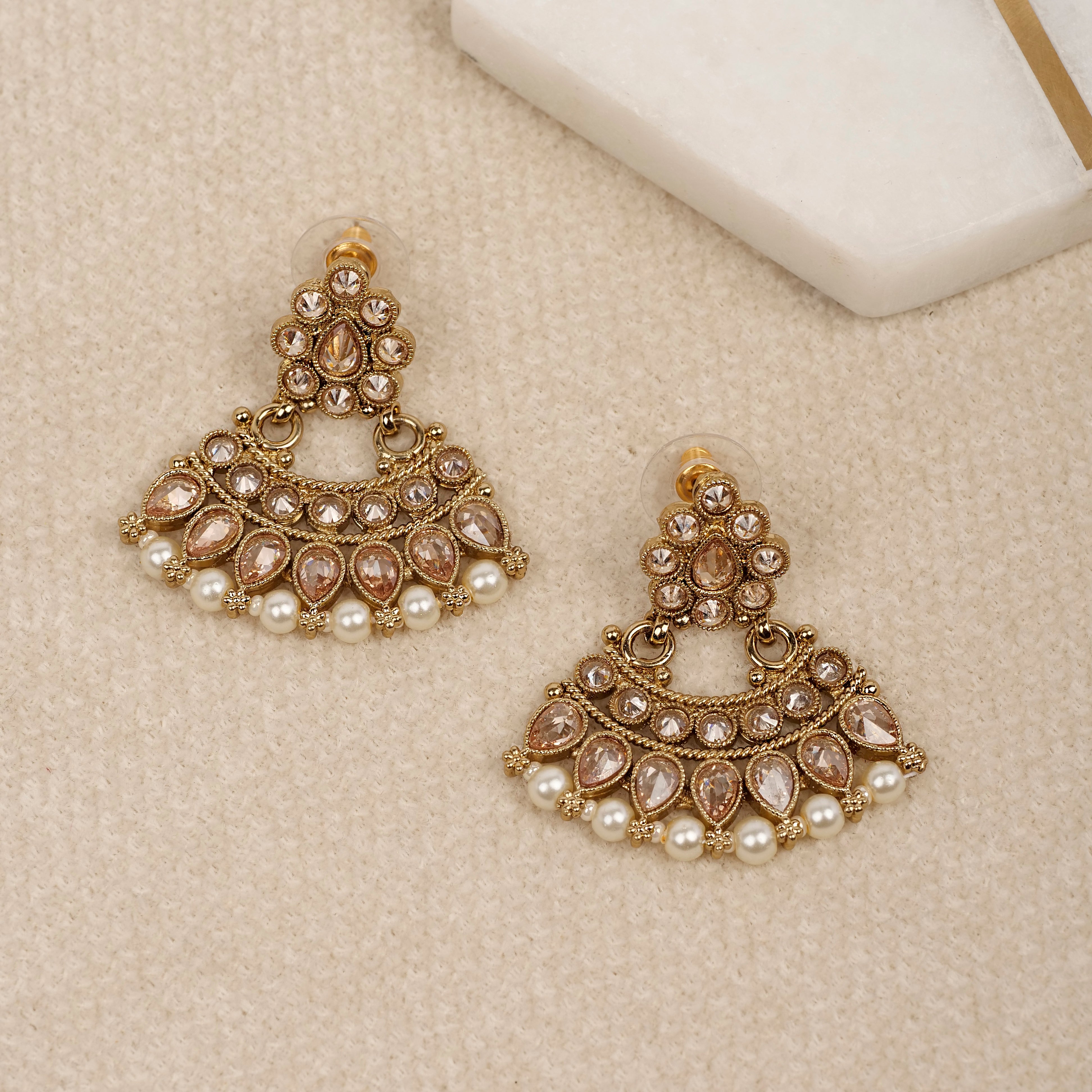 Anala Small Chandbali Earrings in Pearl and Antique Gold