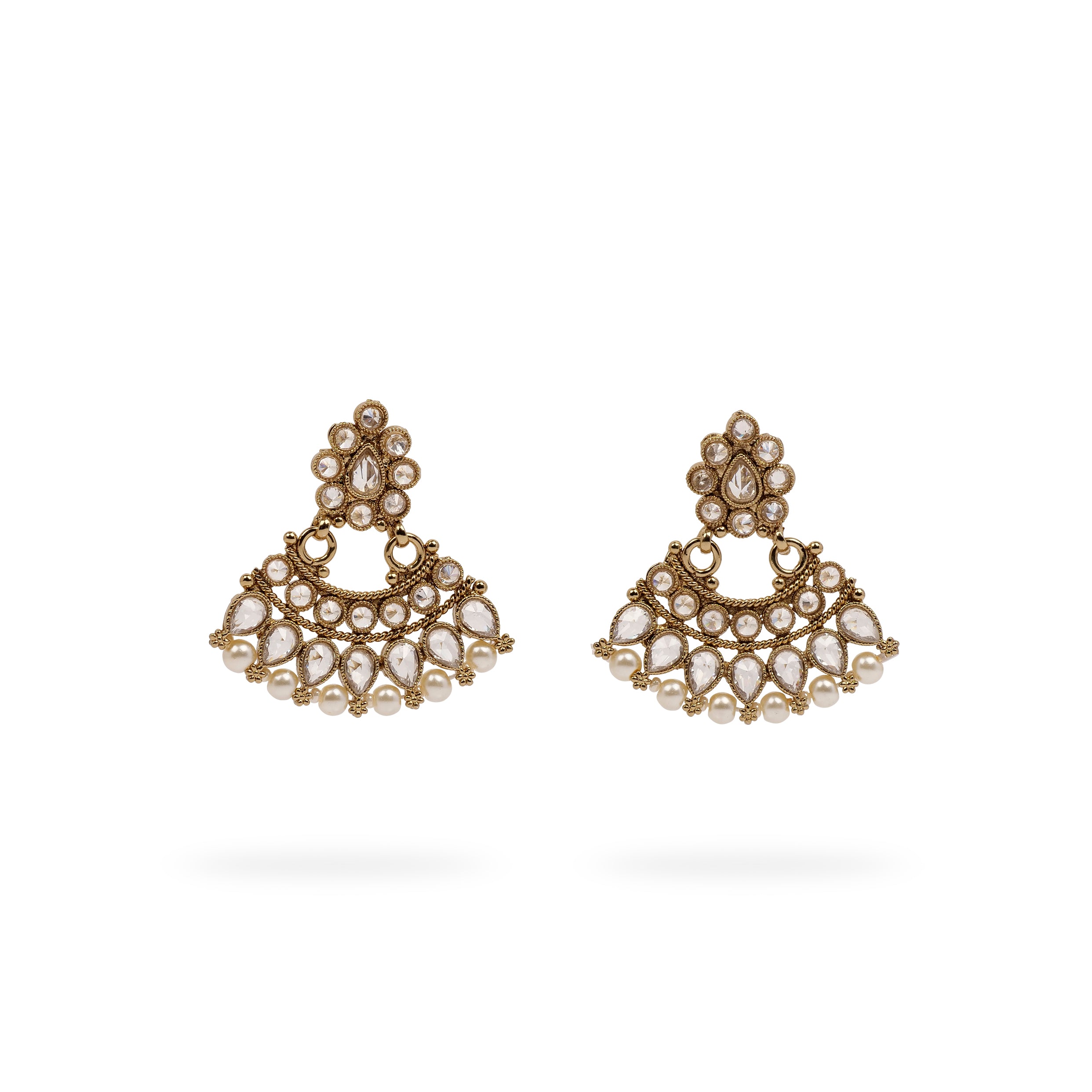 Anala Small Chandbali Earrings in White and Antique Gold