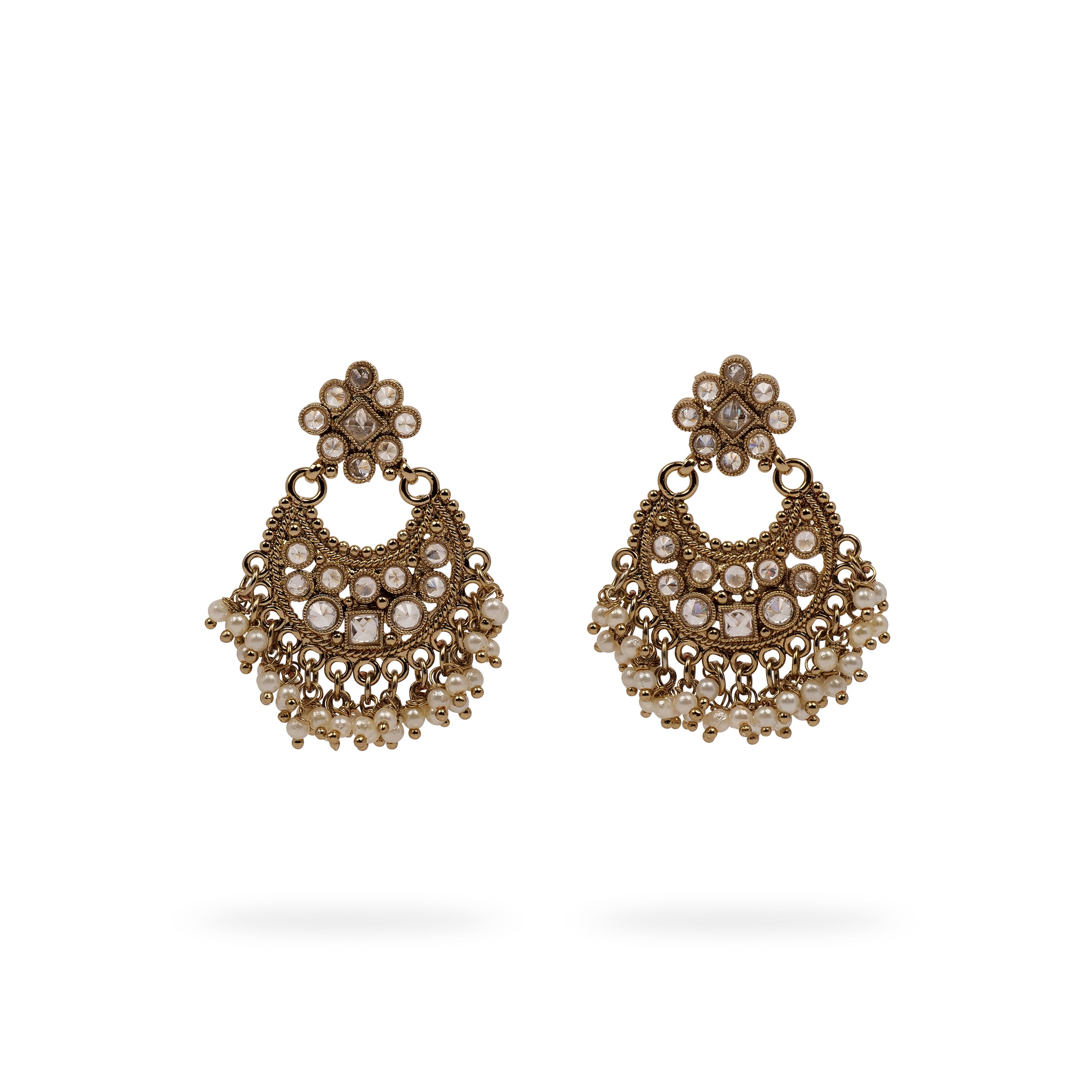 Pearl Cluster Chandbali Earrings in White and Antique Gold