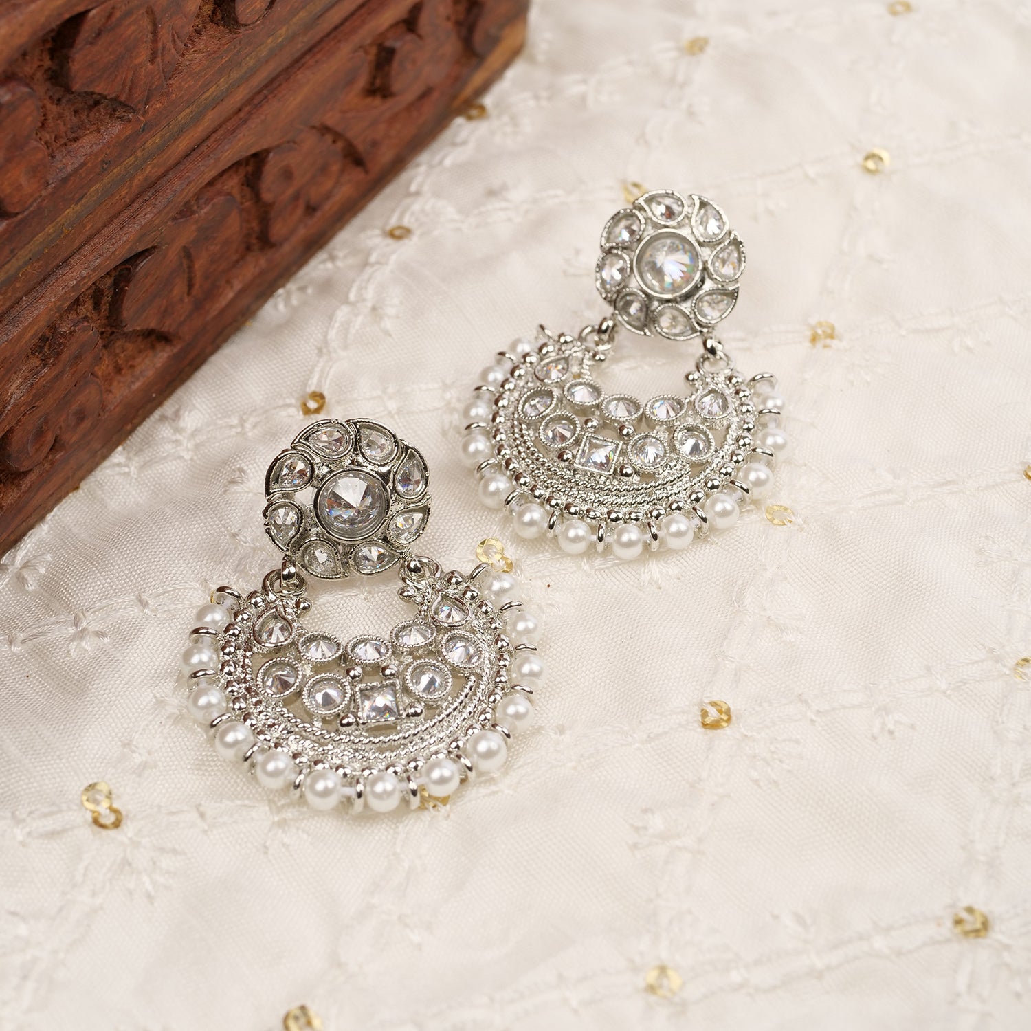 Amina Chandbali Earrings in White and Rhodium