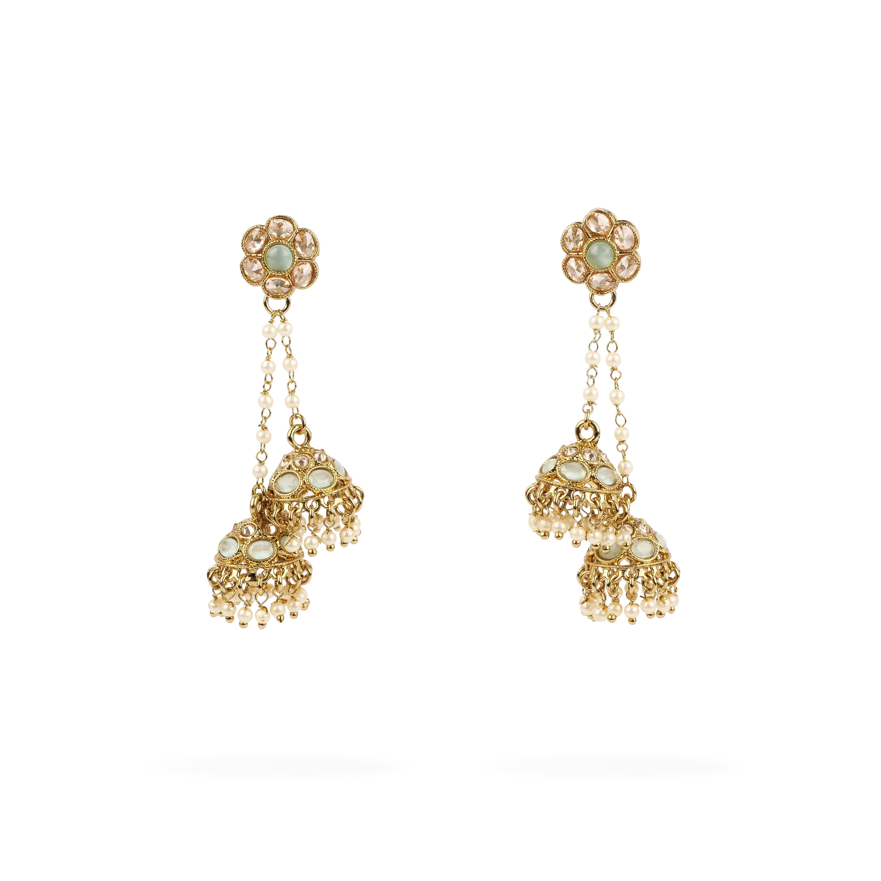 Valli Double Jhumka Drop Earrings in Mint