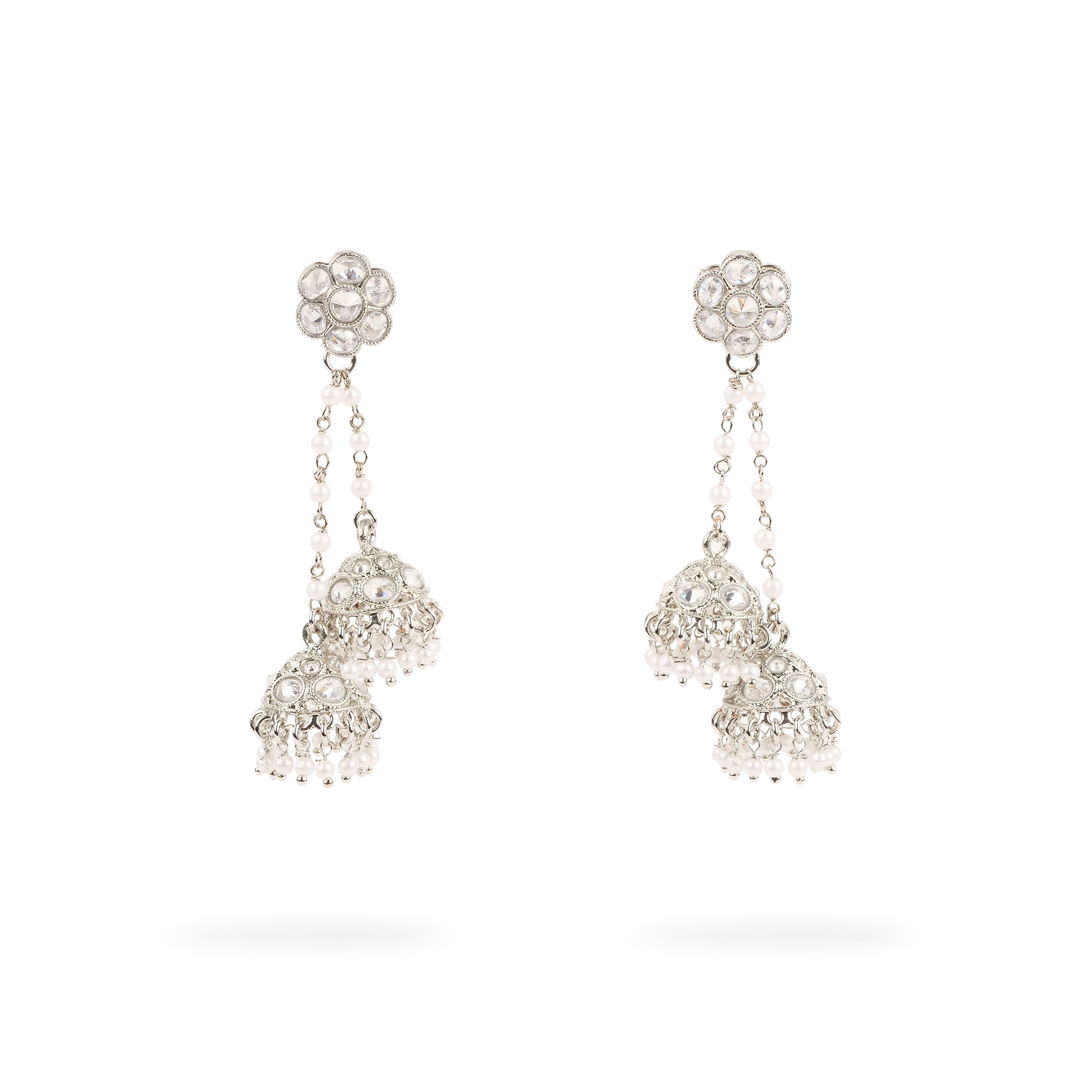 Valli Double Jhumka Drop Earrings in Rhodium