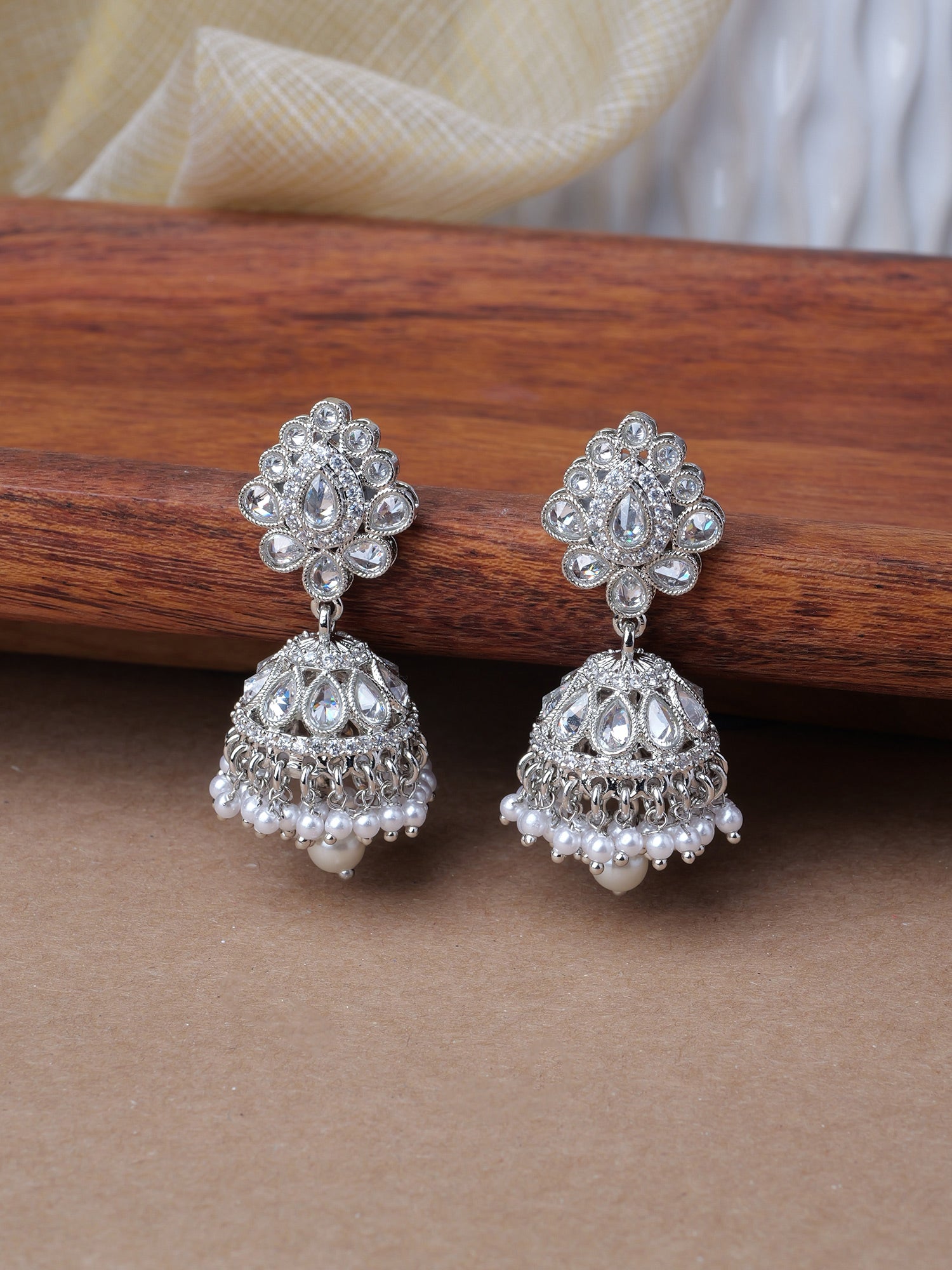 Sonal Pearl Jhumka Earrings in Rhodium