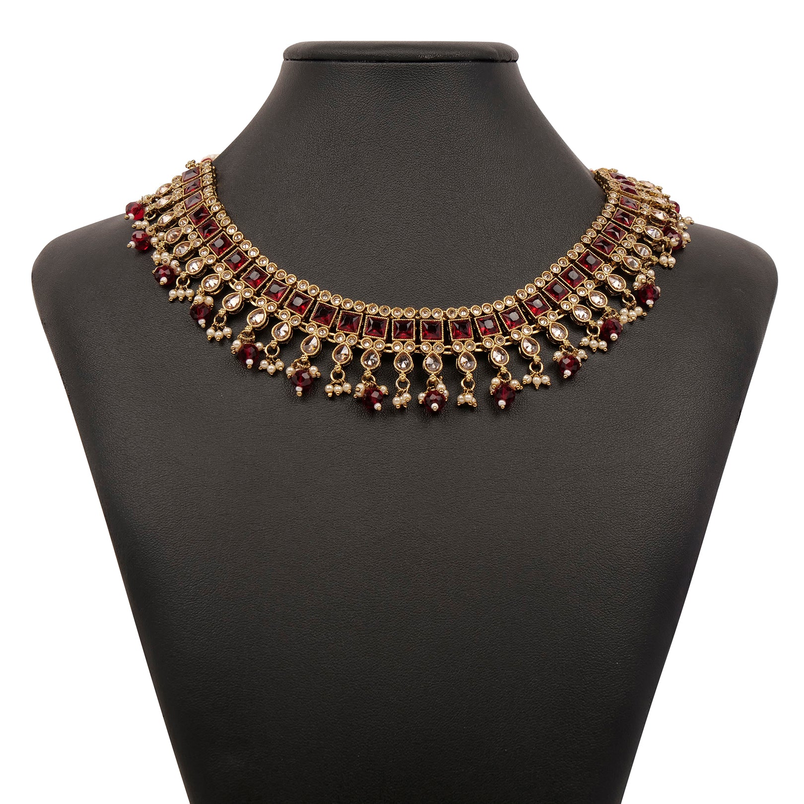Sana Necklace Set in Maroon and Antique Gold 
