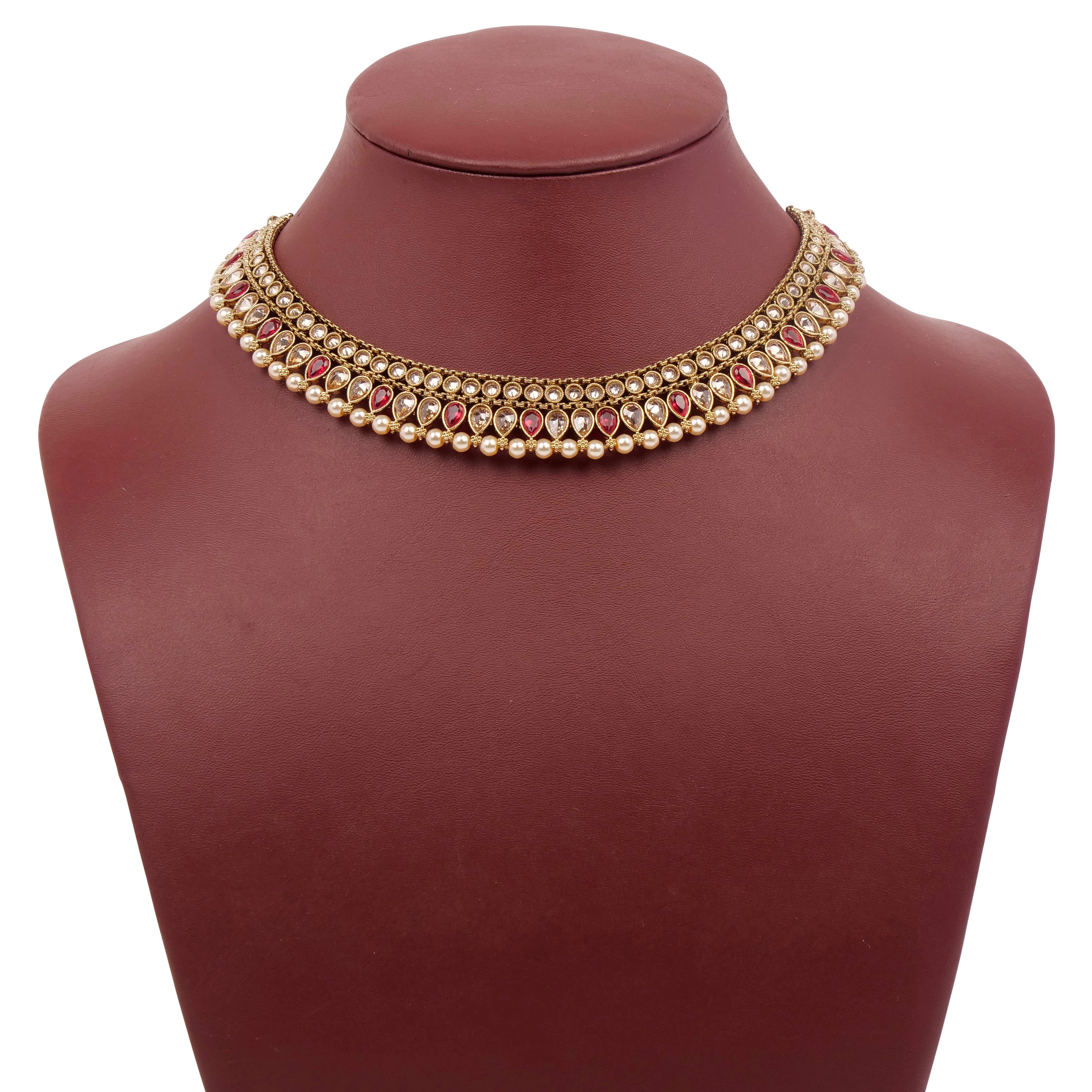 Anala Simple Neckalace Set in Ruby and Pearl