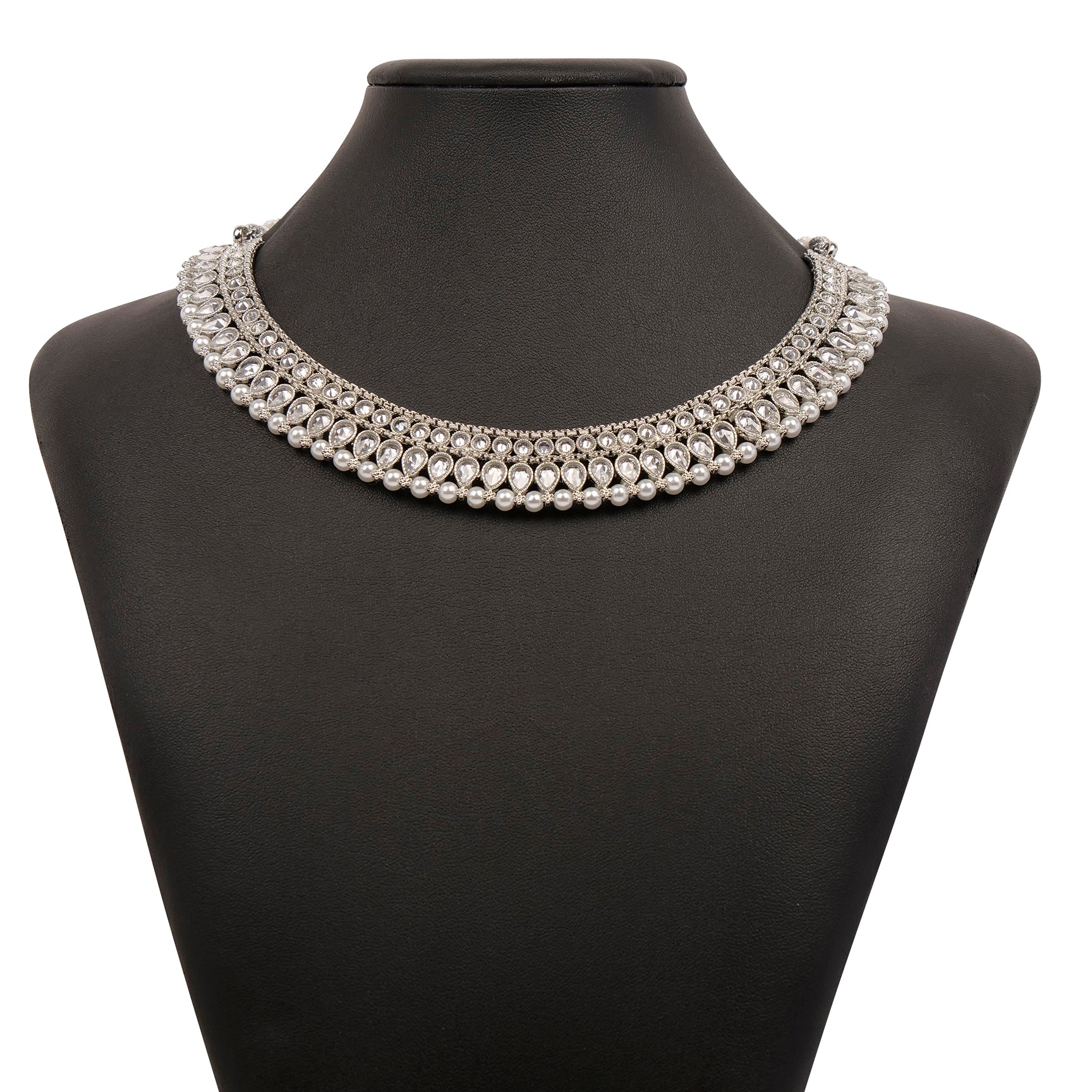 Anala Simple Necklace Set in Pearl and Rhodium 