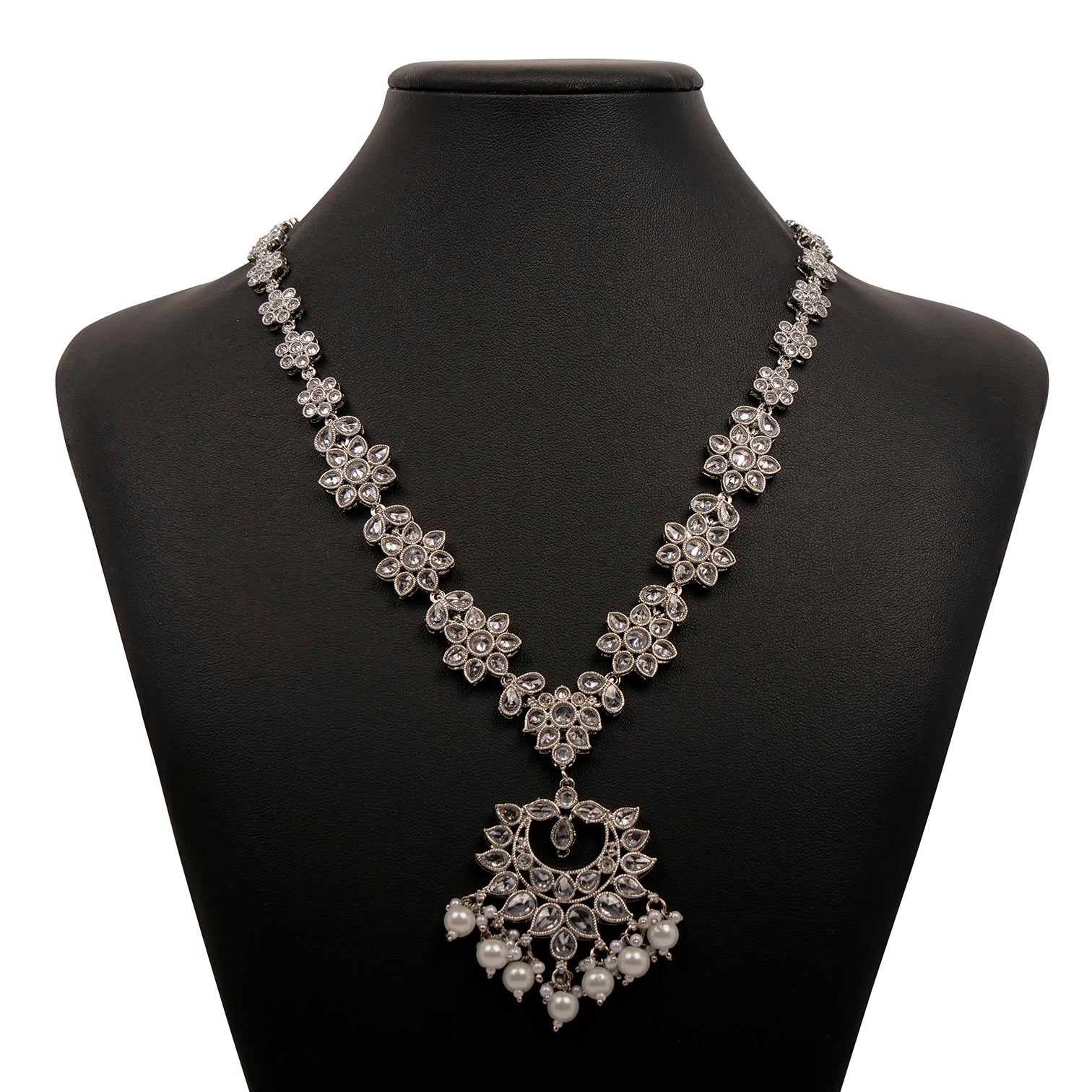 Niara Long Necklace in Pearl and Rhodium
