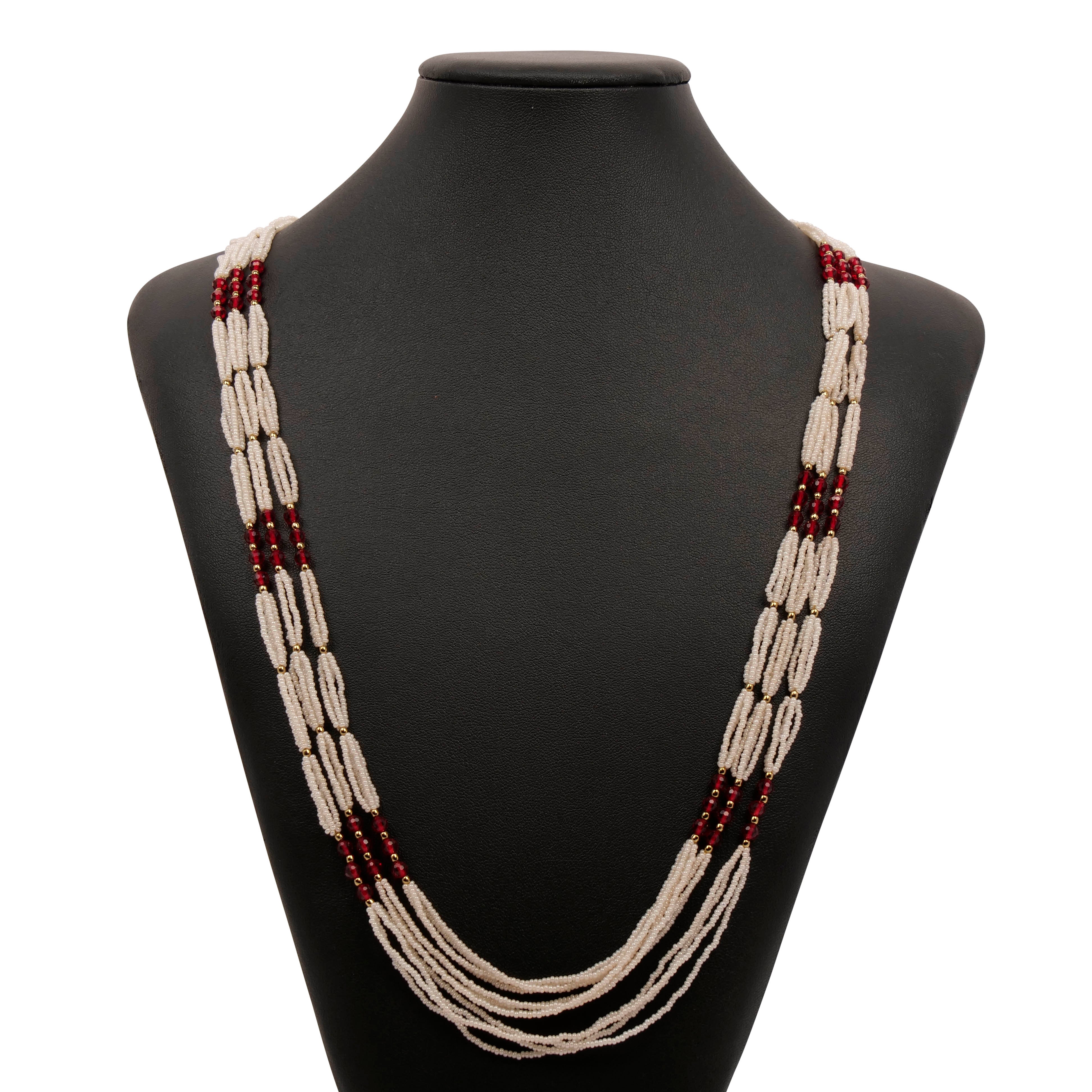 Layered Pearl and Maroon Bead Long Necklace