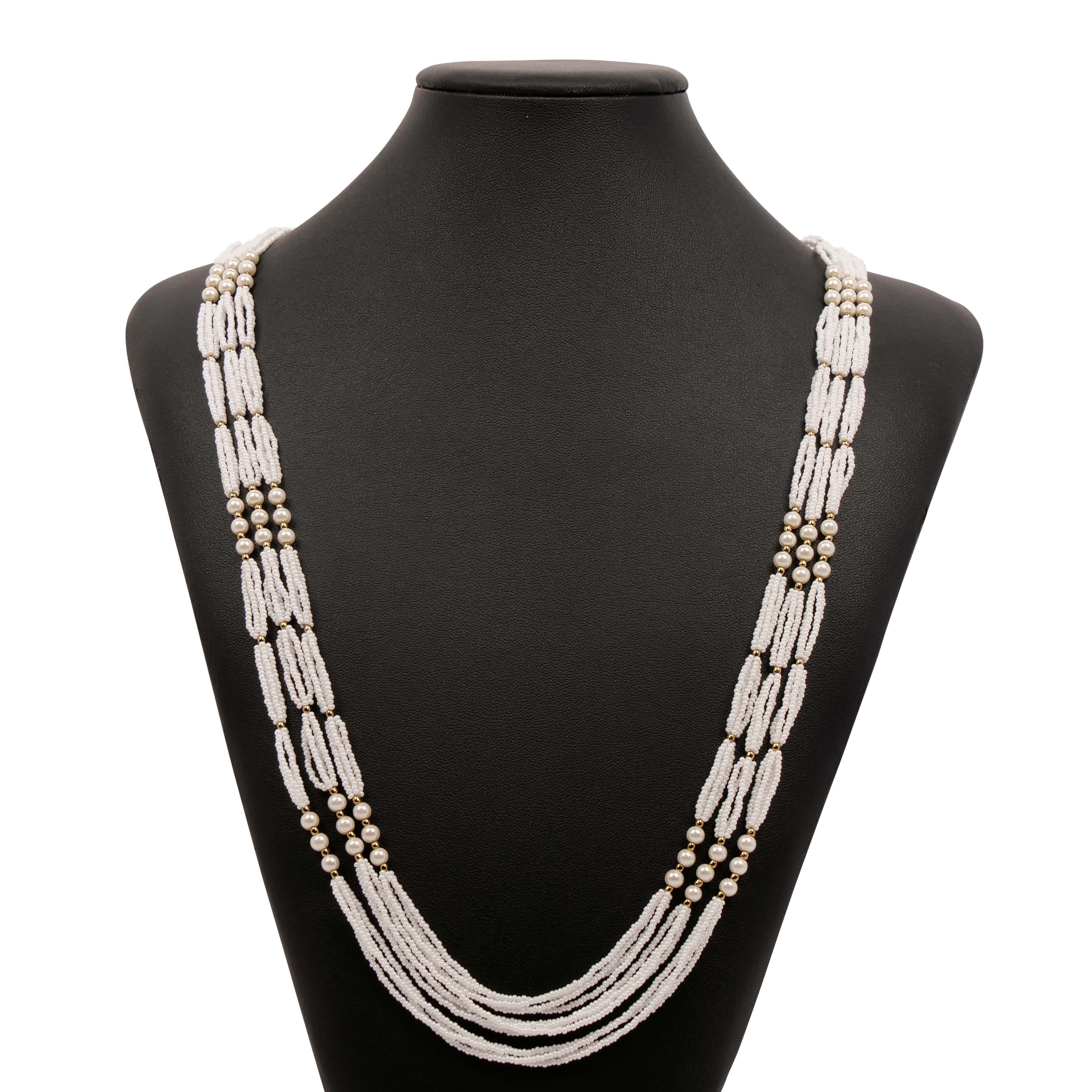 Layered White Pearl Bead Long Necklace
