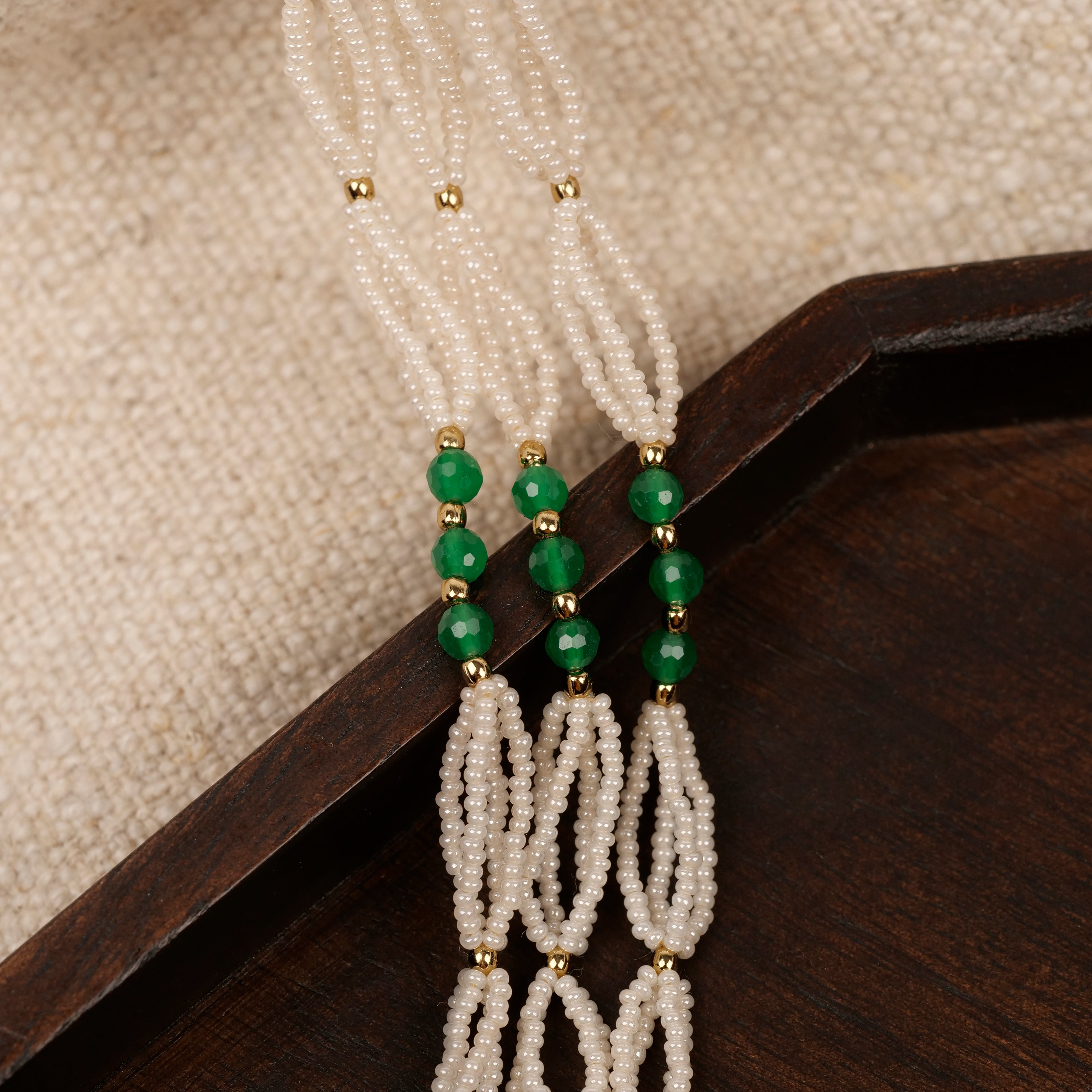 Layered Pearl and Green Bead Long Necklace