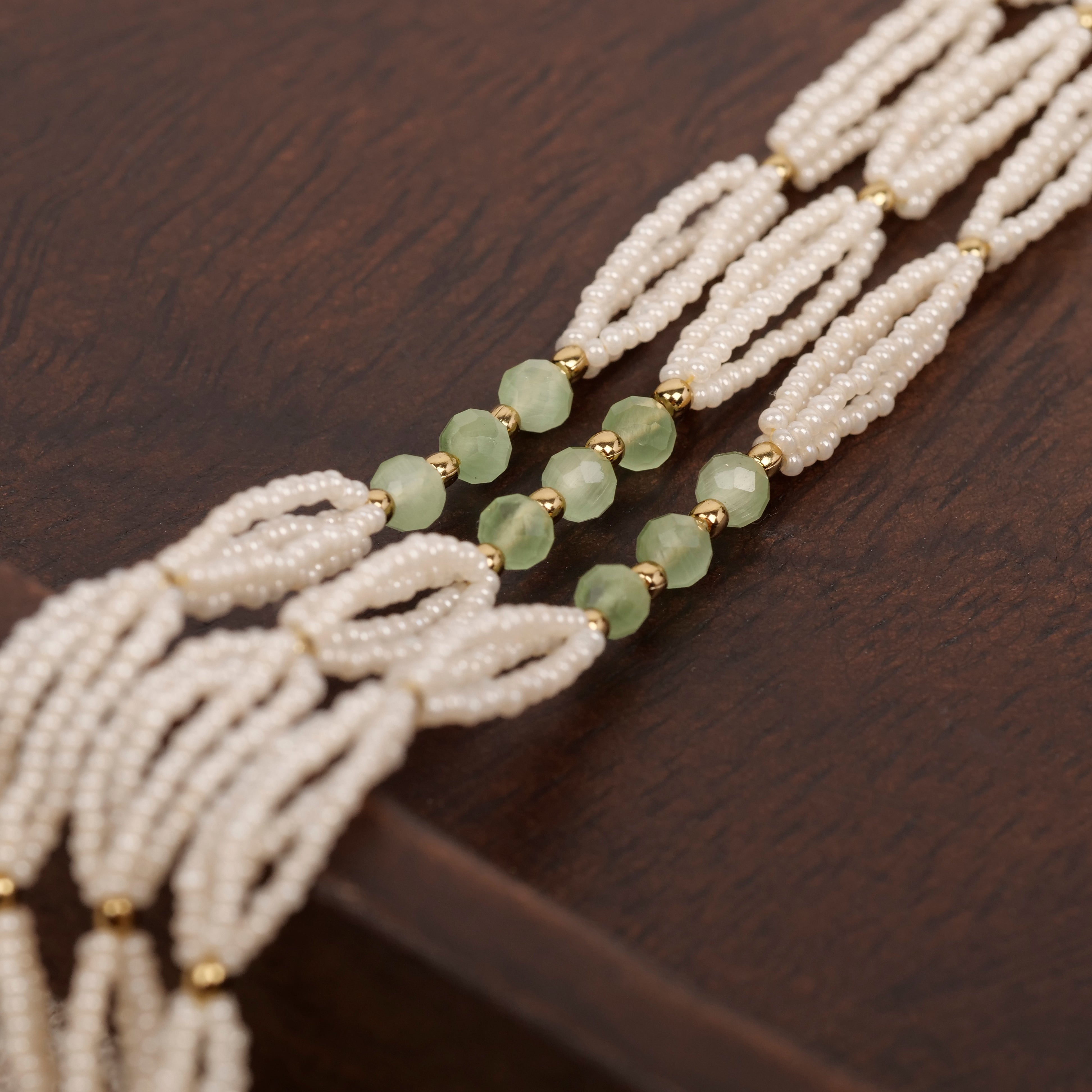 Layered Pearl and Mint Bead Long Necklace