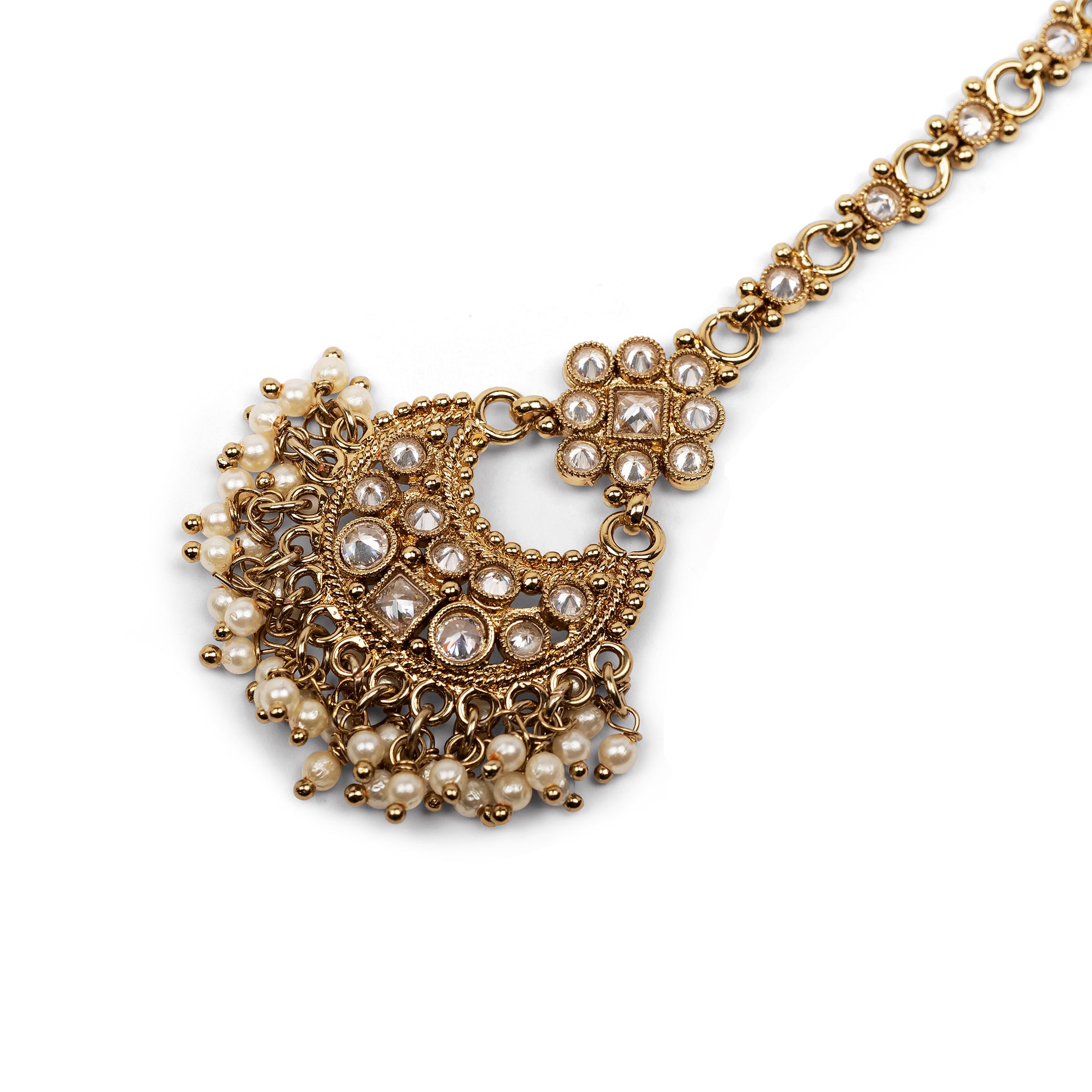 Pearl Cluster Maang Tikka in White and Antique Gold