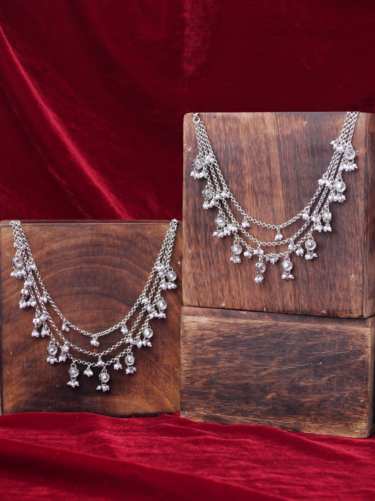 Radha Layered Ear Chains in Rhodium
