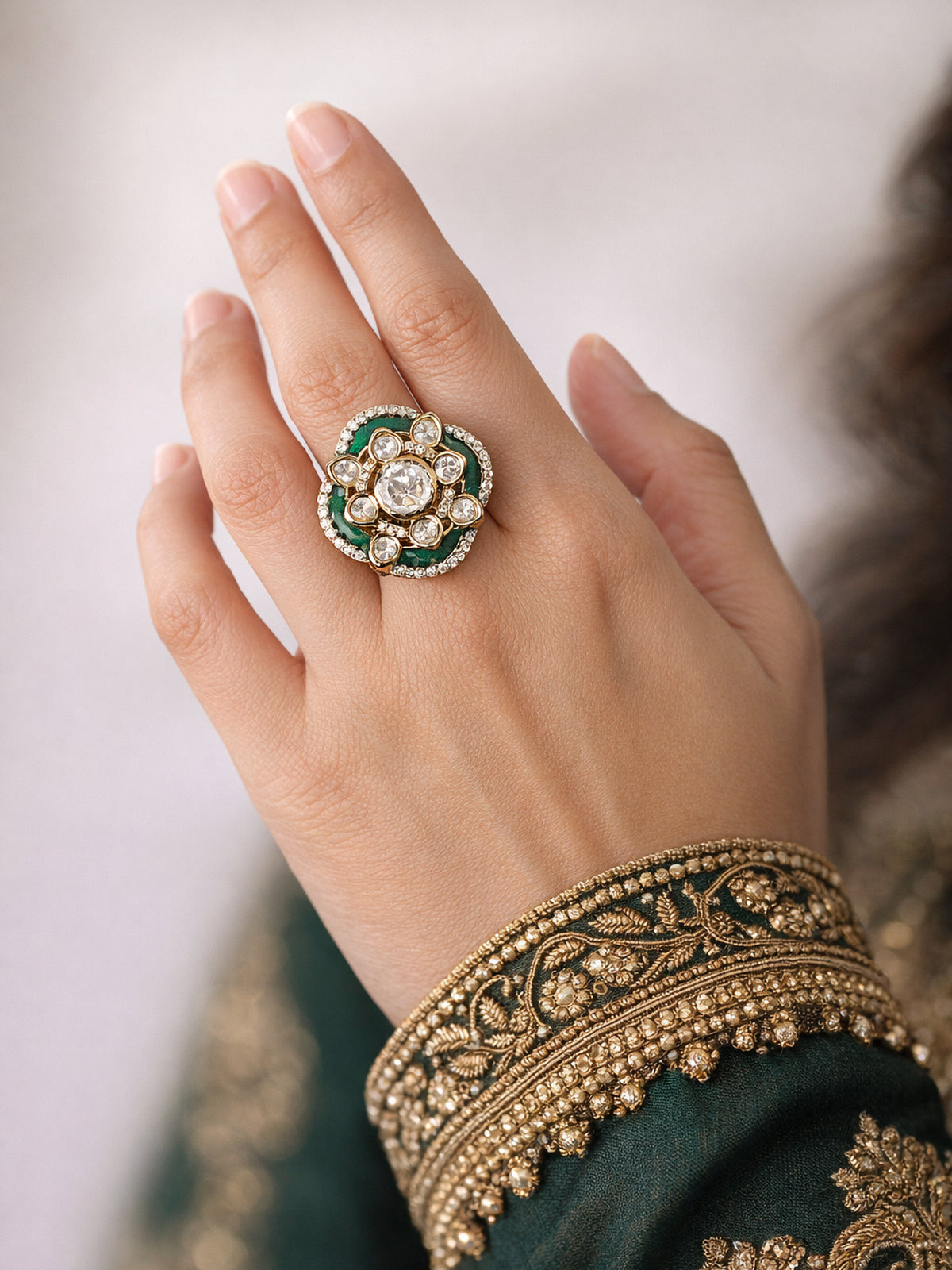 Raishma Kundan Ring in Green 