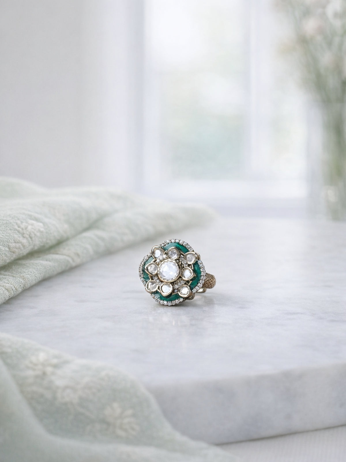 Raishma Kundan Ring in Green 