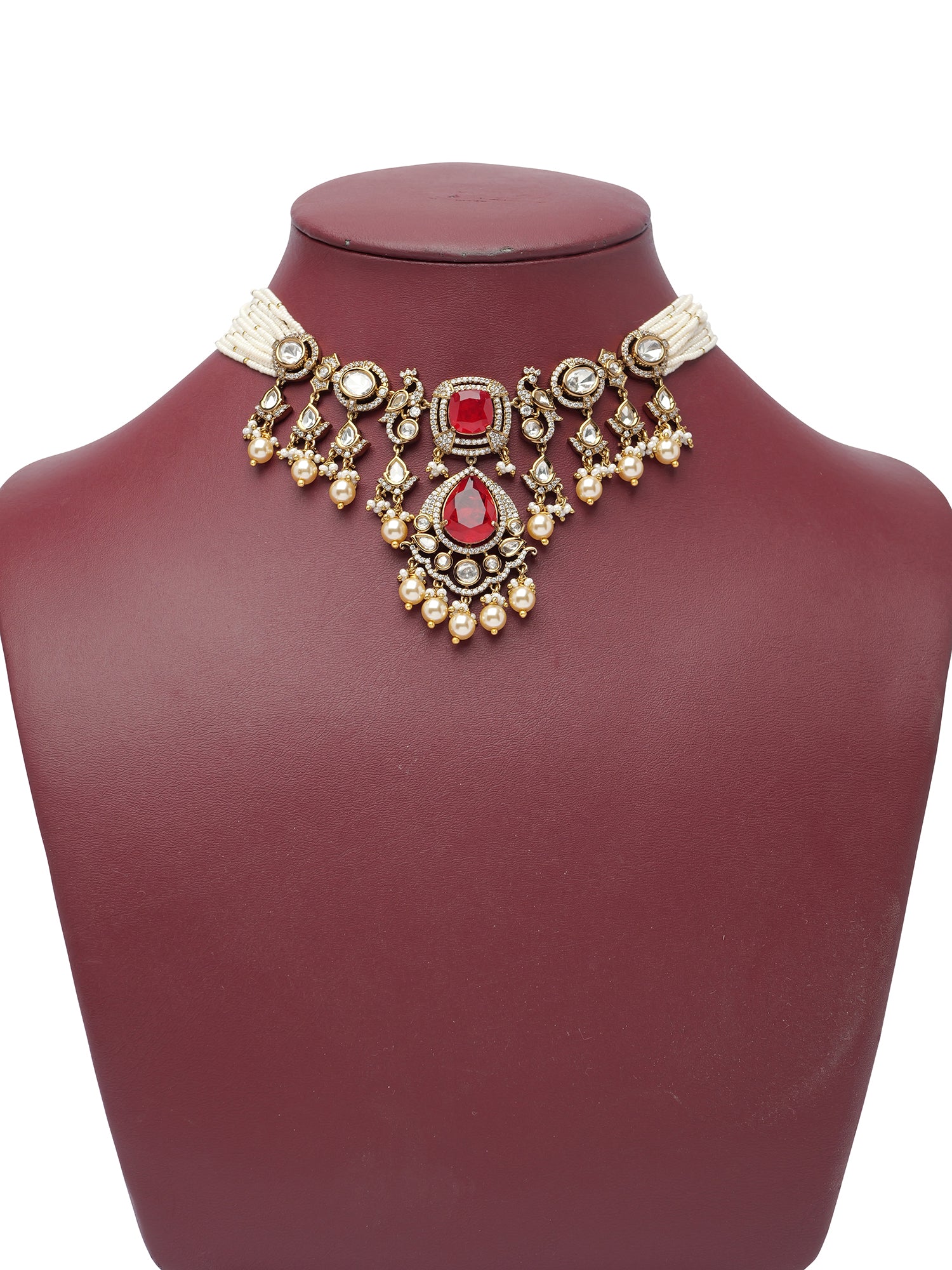 Rajkumari Kundan Necklace Set in Ruby and Pearl
