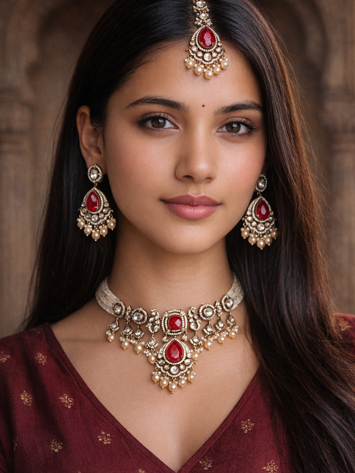 Rajkumari Kundan Necklace Set in Ruby and Pearl