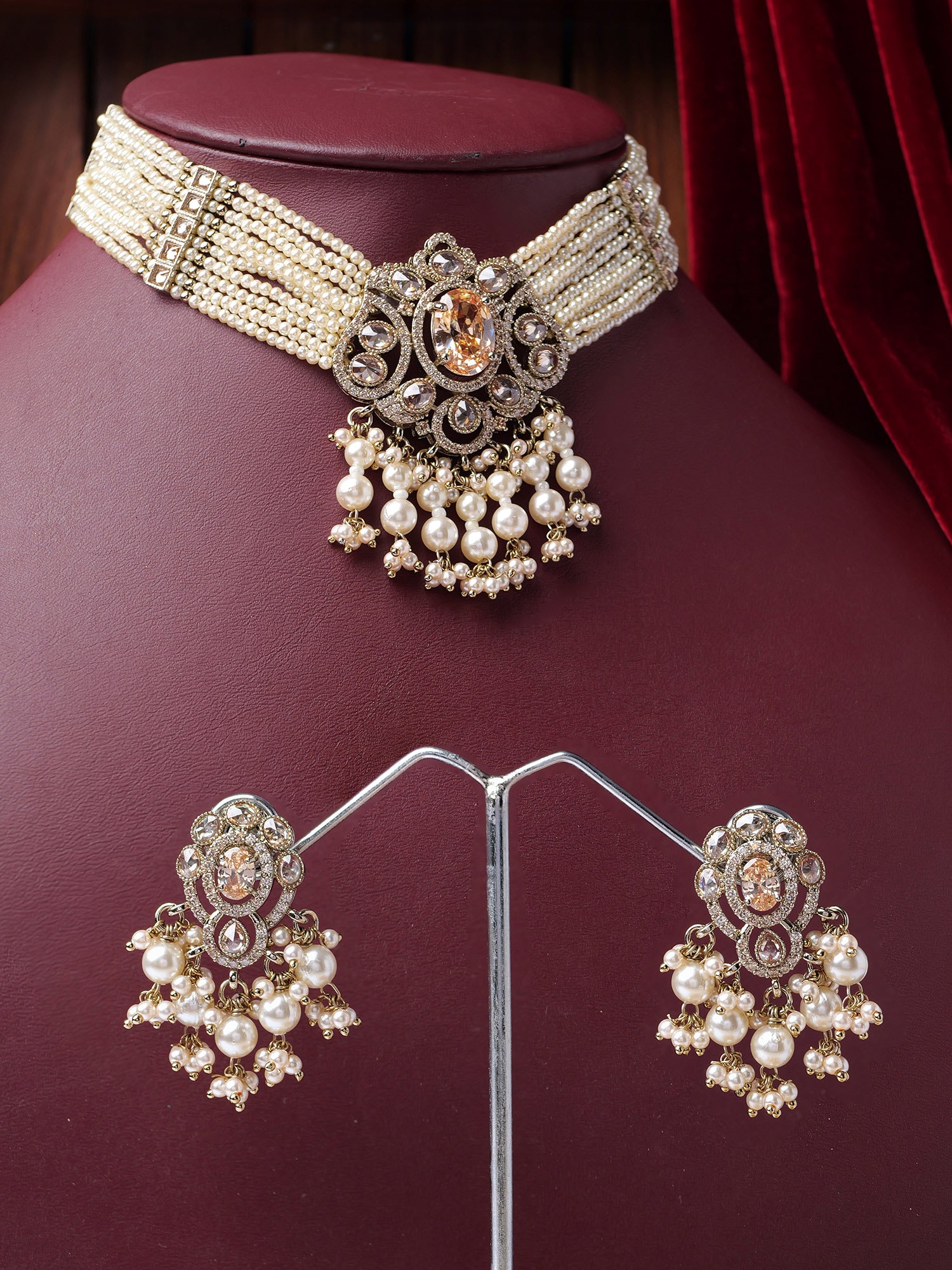Rajmoti Necklace Set in Pearl and Champagne