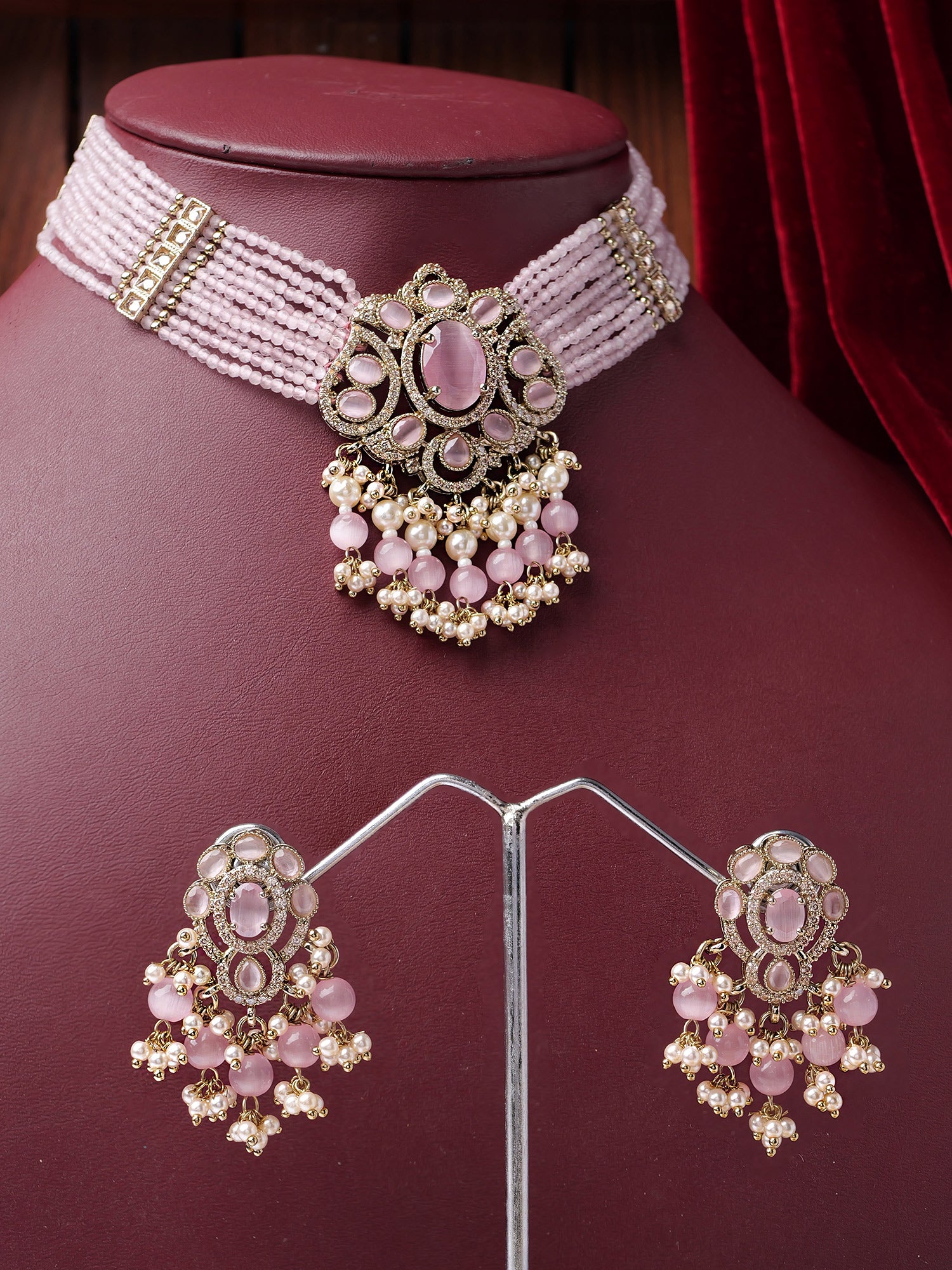 Rajmoti Necklace Set in Pink