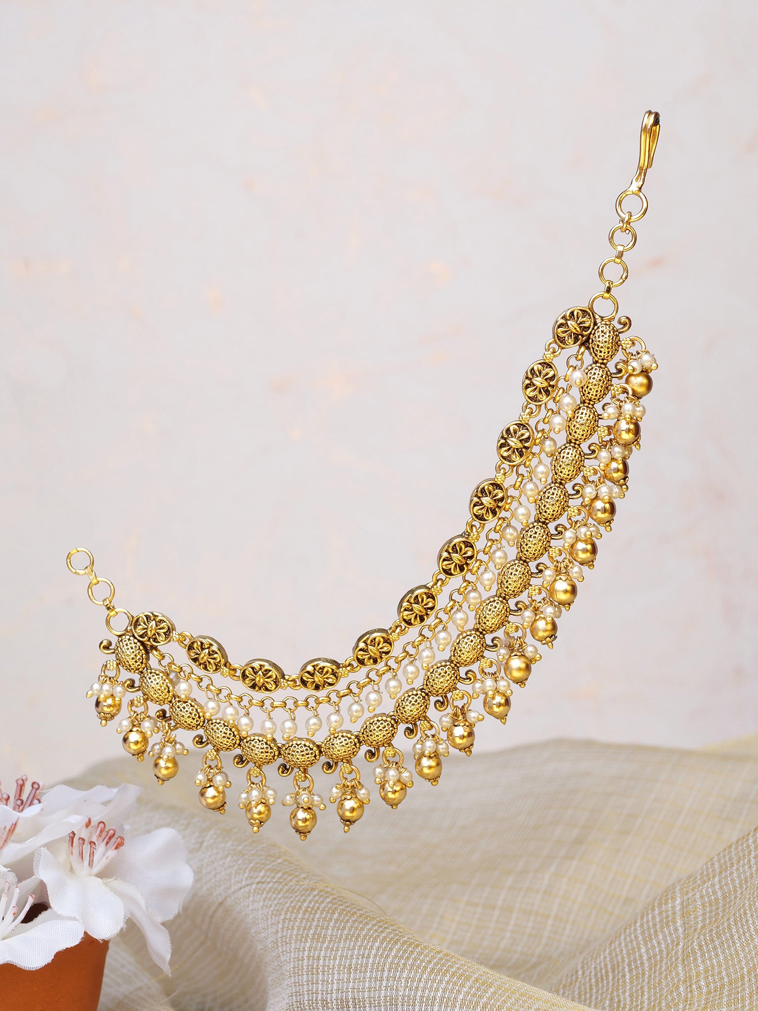 Rajvi Layered Ear Chains in Pearl and Gold Bead