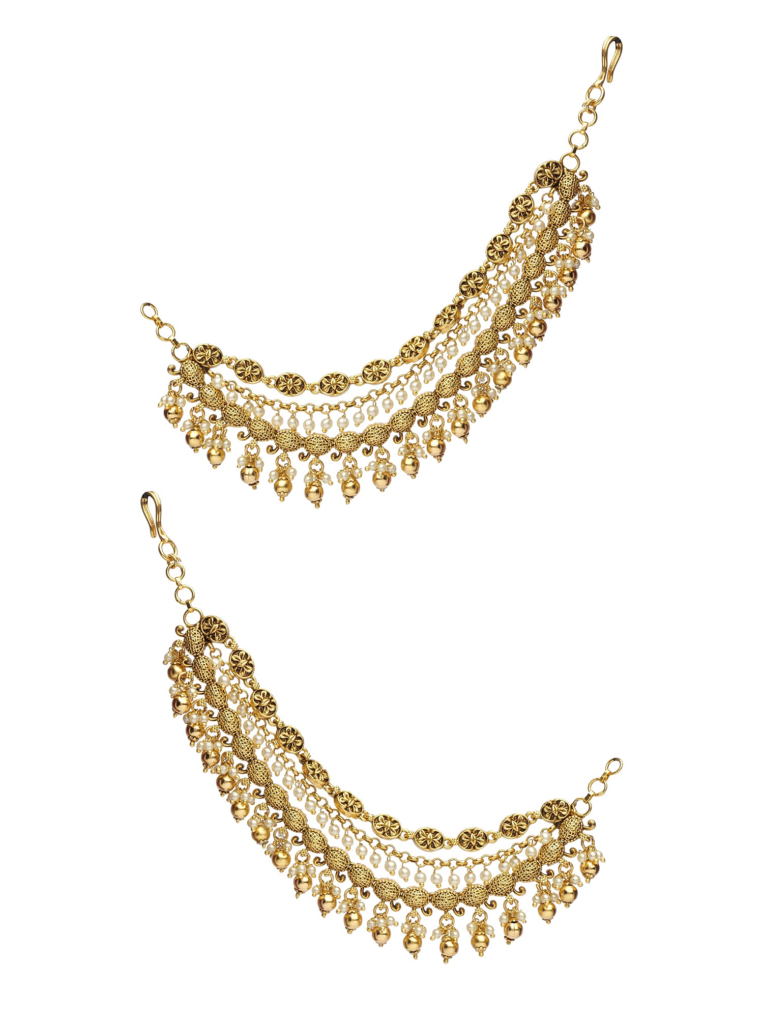 Rajvi Layered Ear Chains in Pearl and Gold Bead