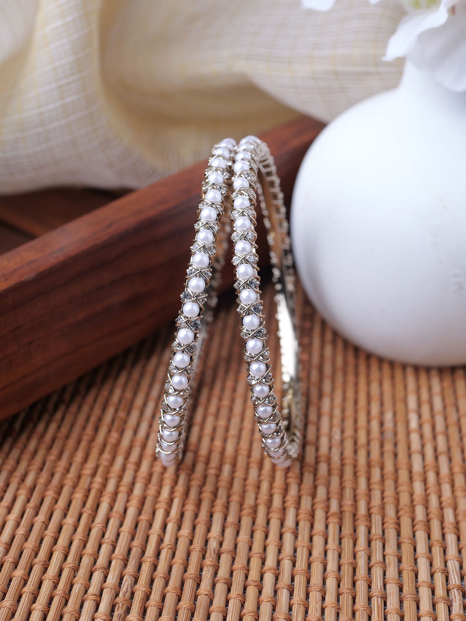 Rania Diamante Pearl Bangles in White