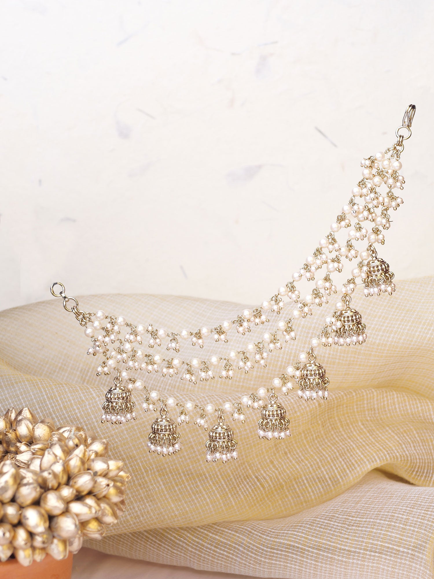 Razia Pearl and Jhumka Ear Chains in Champagne