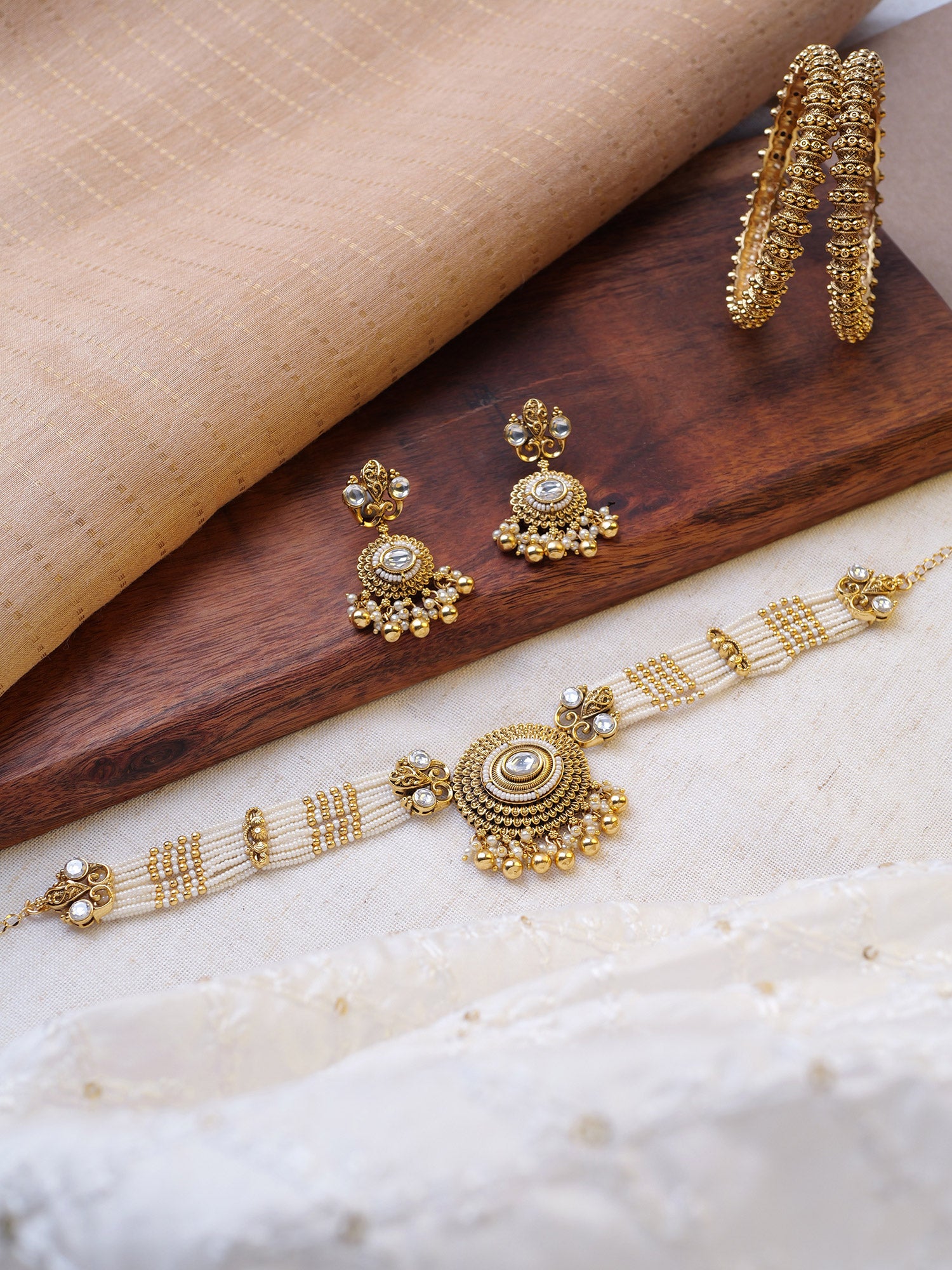 Roshani Classic Choker Set in Pearl and Gold Oxidised