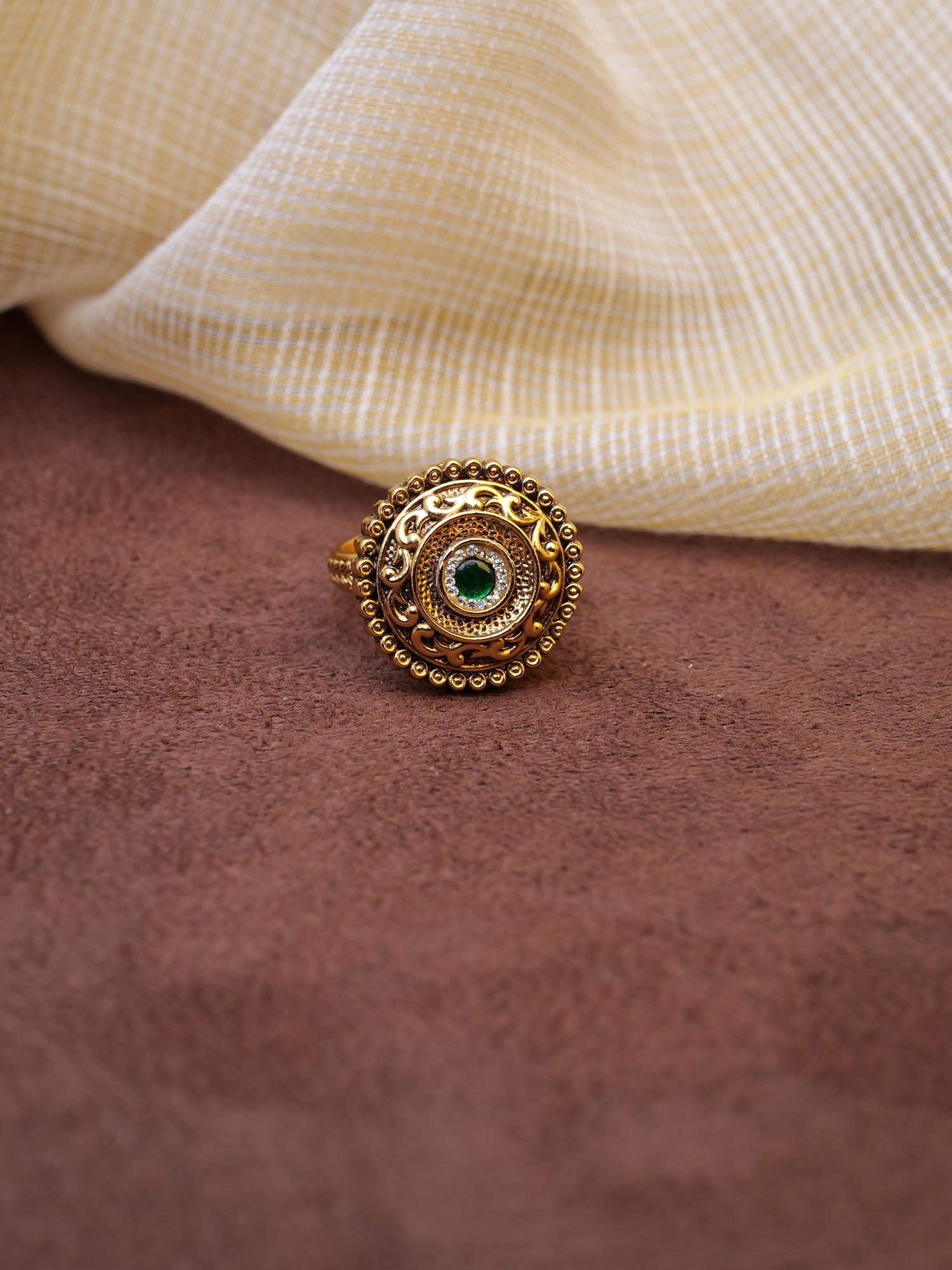 Roshni Ring in Green and Gold Oxidised