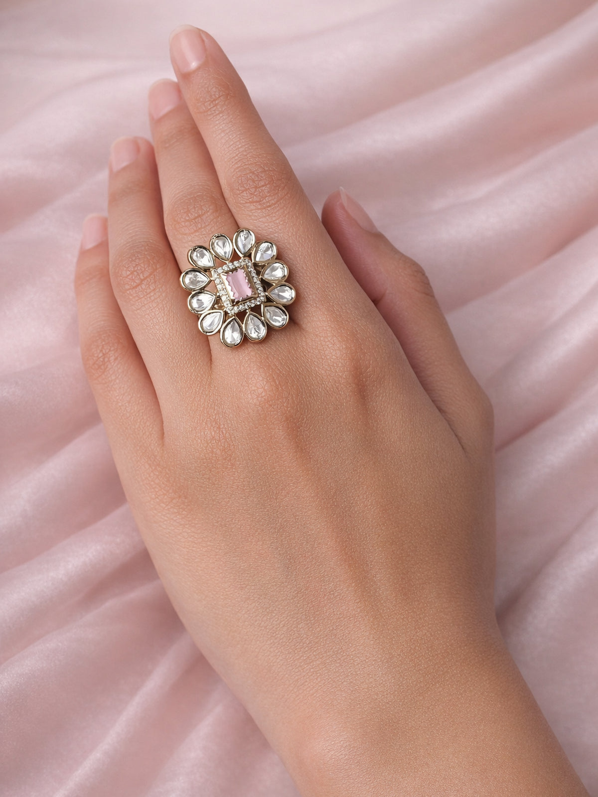 Ruhi Kundan Ring in Light Pink 