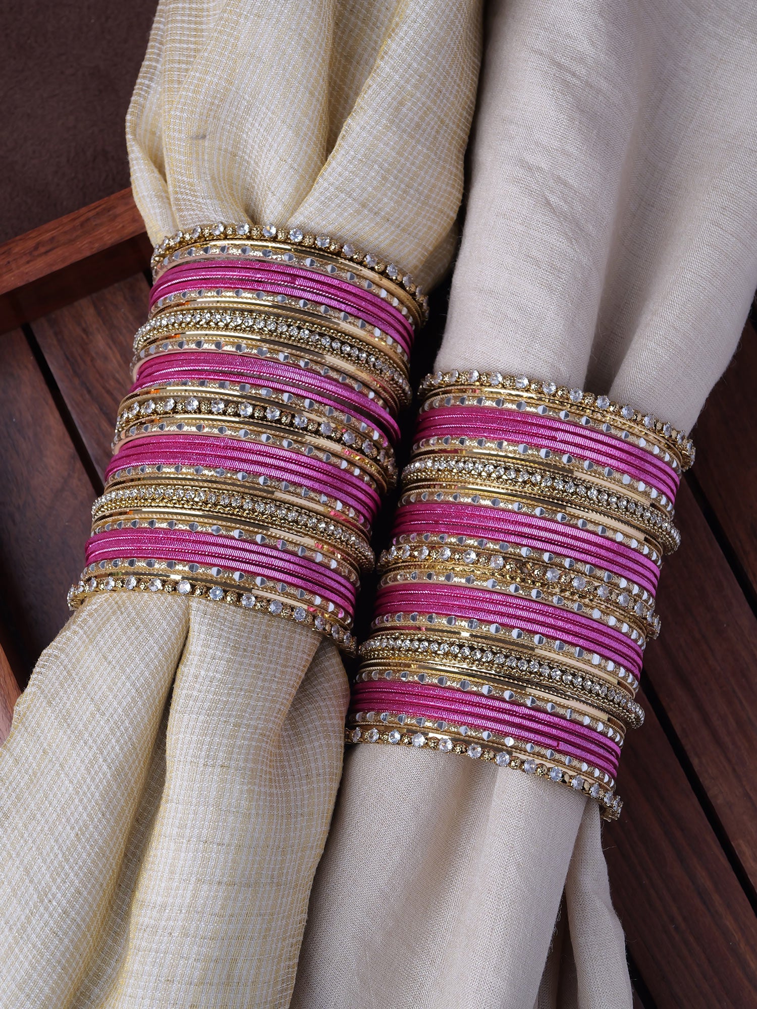 Rupal Two Hand Bangle Set in Hot Pink and Antique Gold