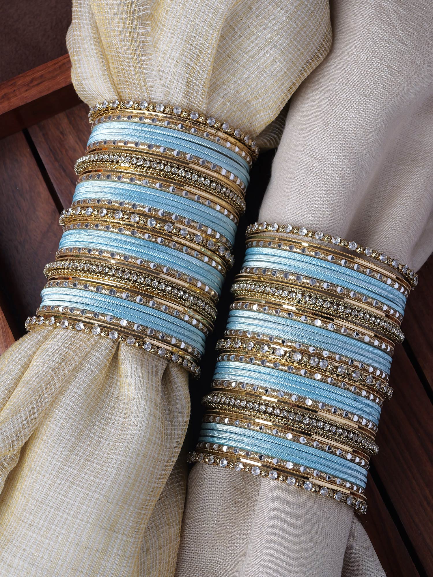 Rupal Two Hand Bangle Set in Light Blue and Antique Gold