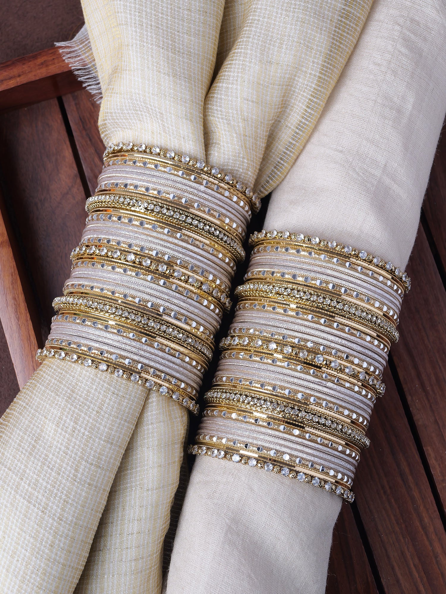 Rupal Two Hand Bangle Set in White and Antique Gold