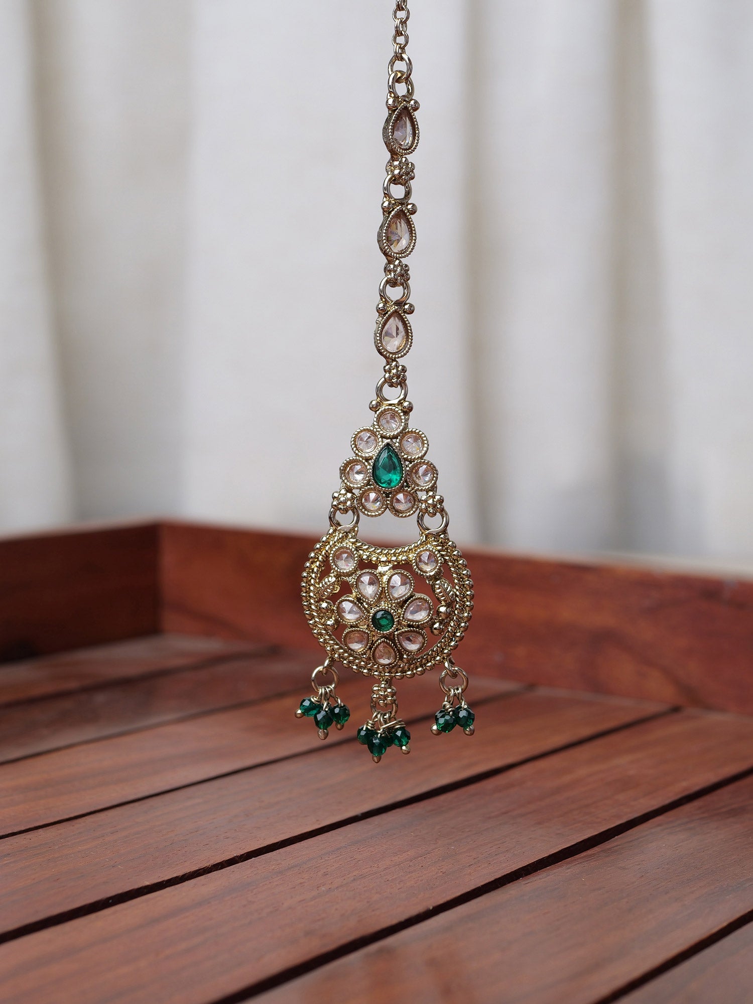 Saara Maang Tikka in Green and Antique Gold