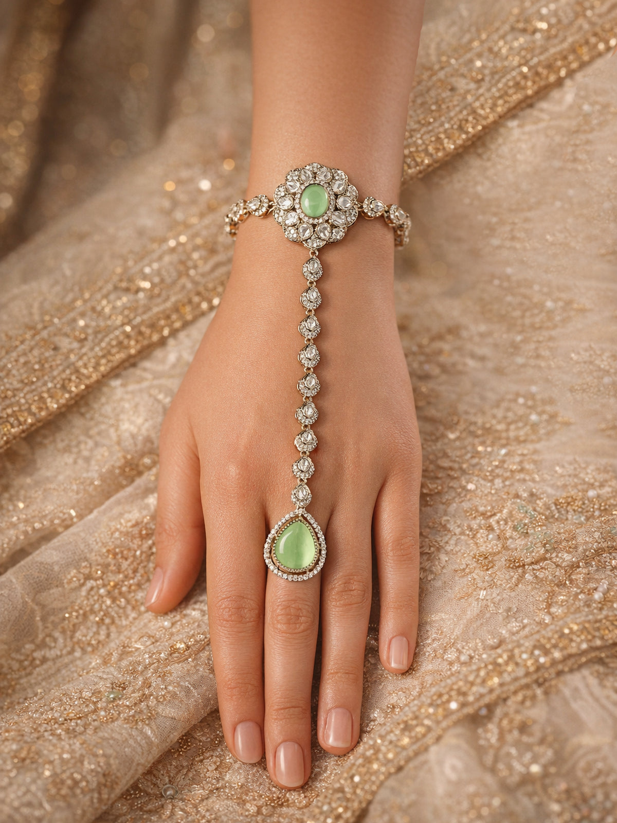 Sahiba Kundan Hand Chain in Mint