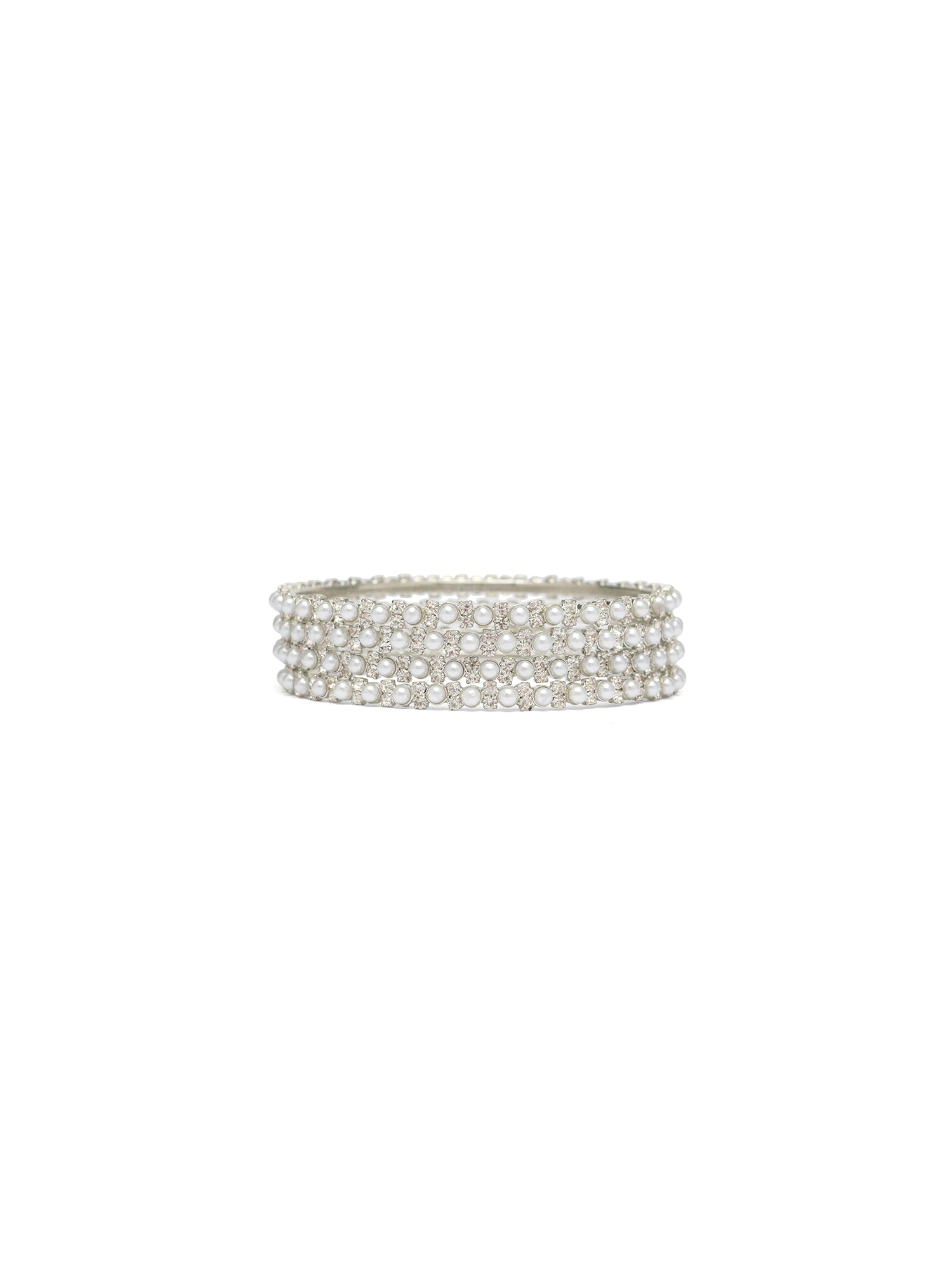 Sahira Set of 4 Pearl and Diamante Bangles in Rhodium