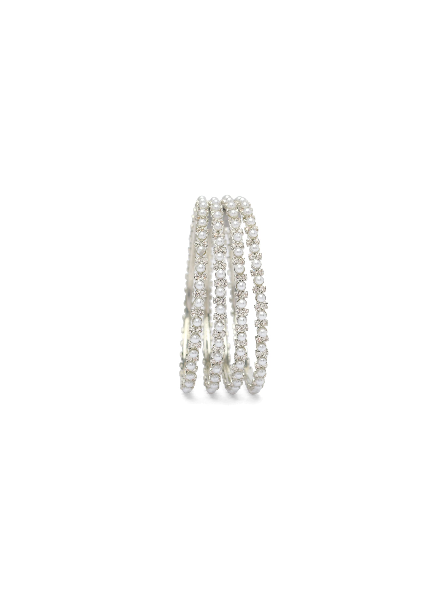 Sahira Set of 4 Pearl and Diamante Bangles in Rhodium