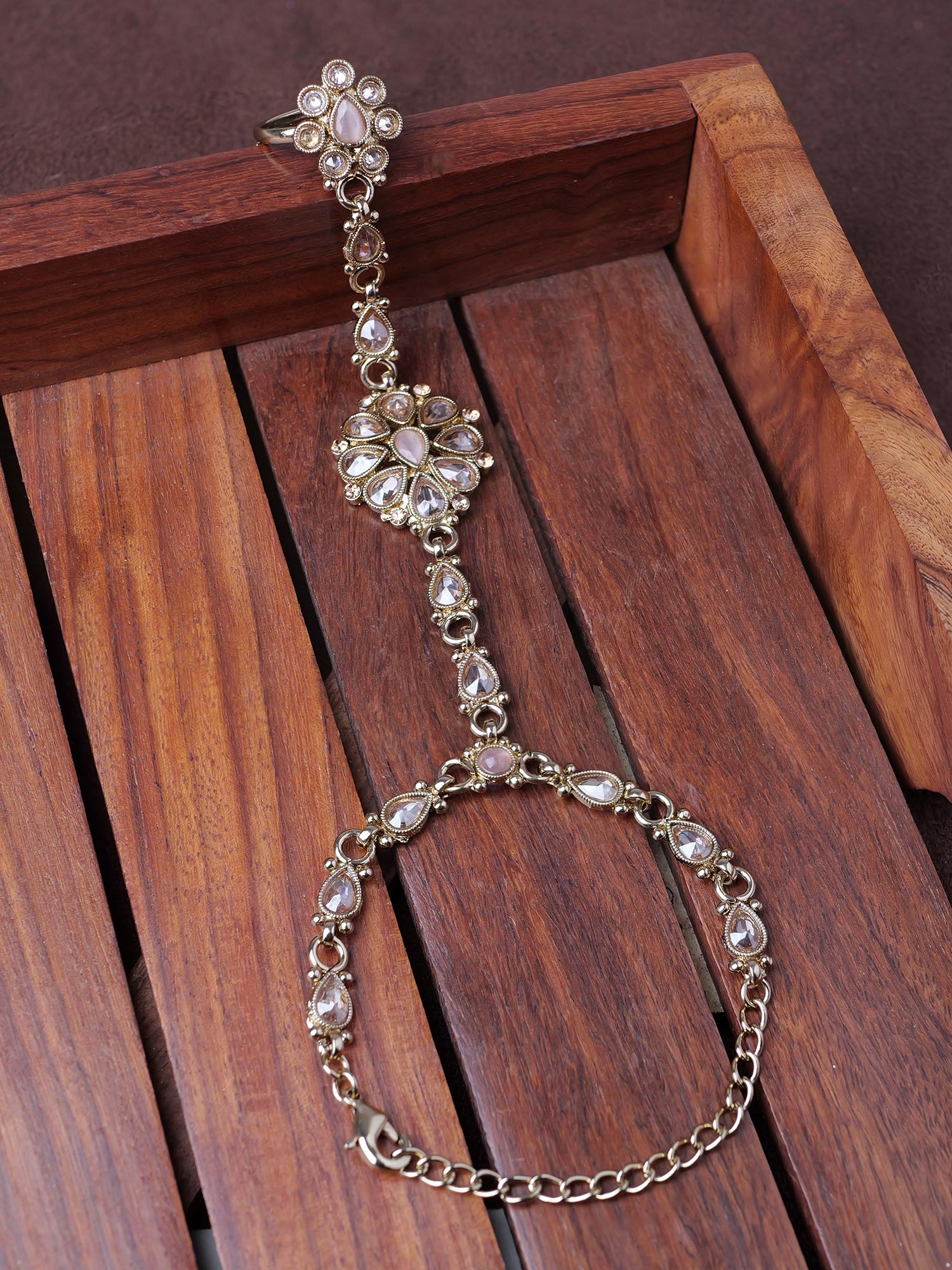 Saira Hand Chain in Light Pink and Antique Gold