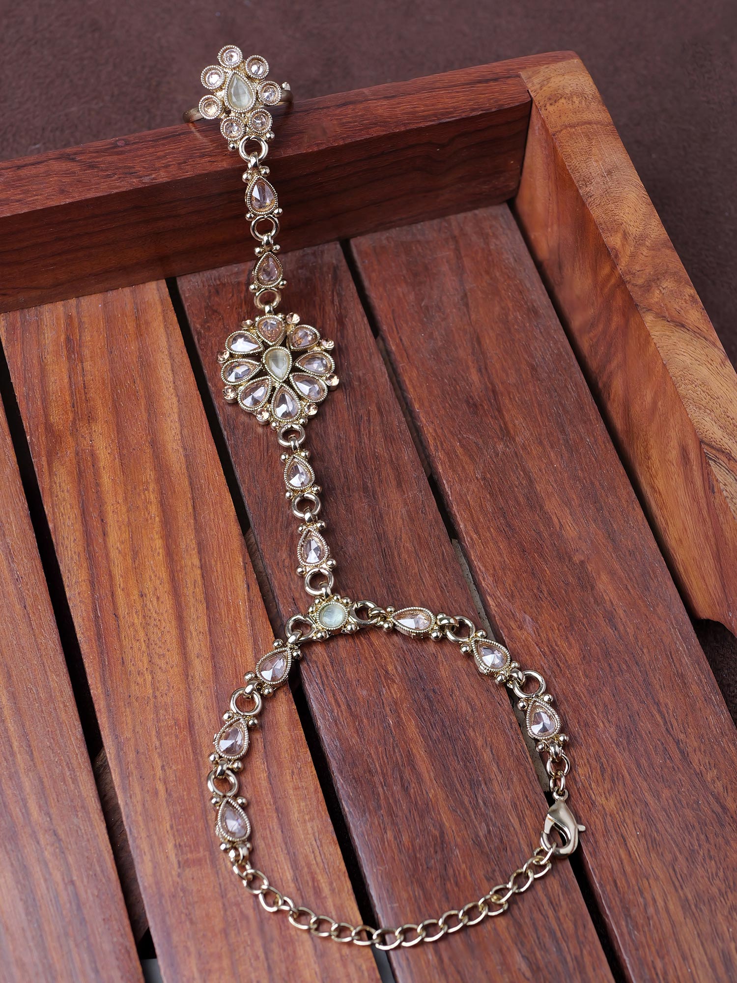 Saira Hand Chain in Mint and Antique Gold