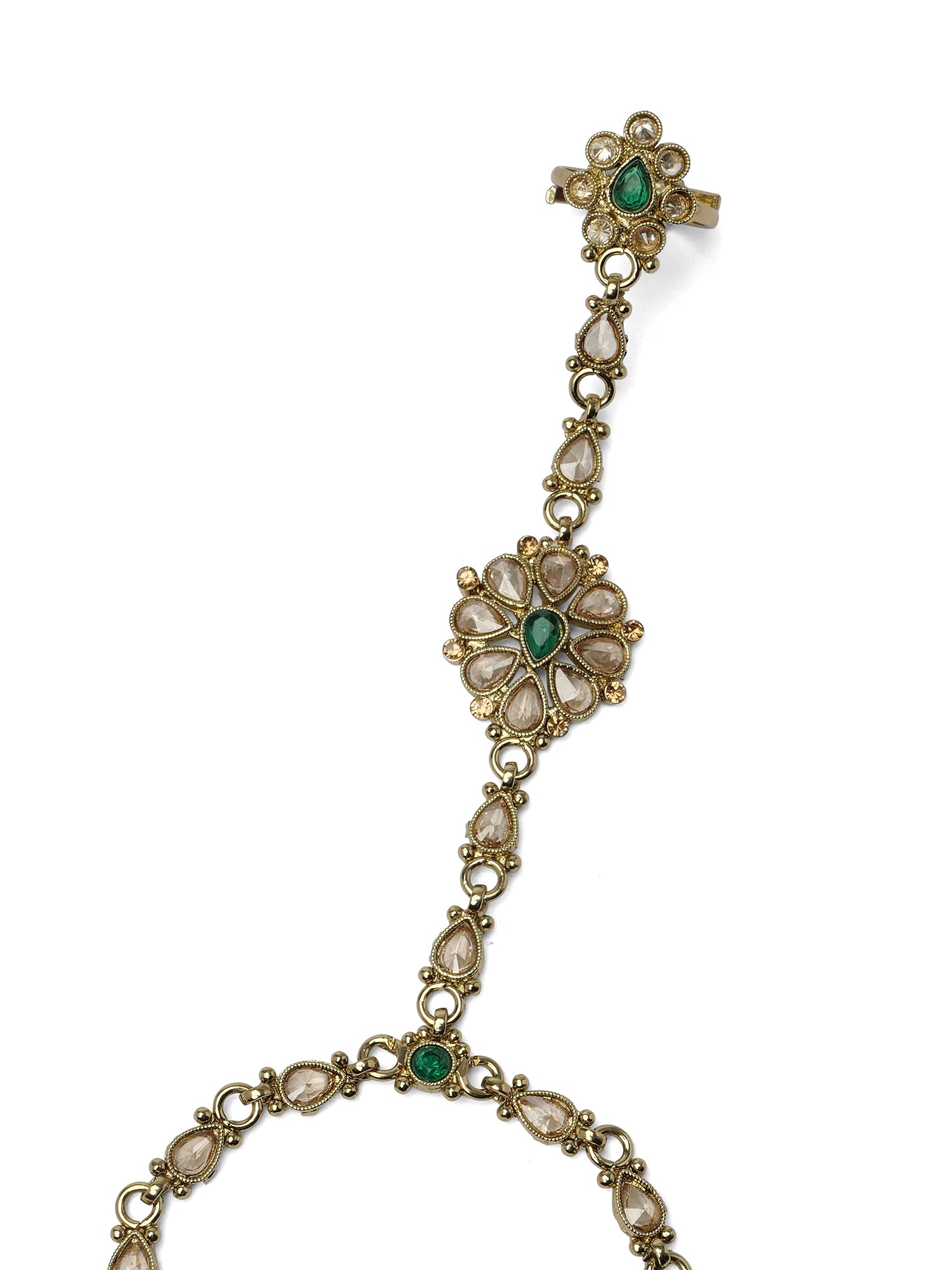 Saira Hand Chain in Green and Antique Gold